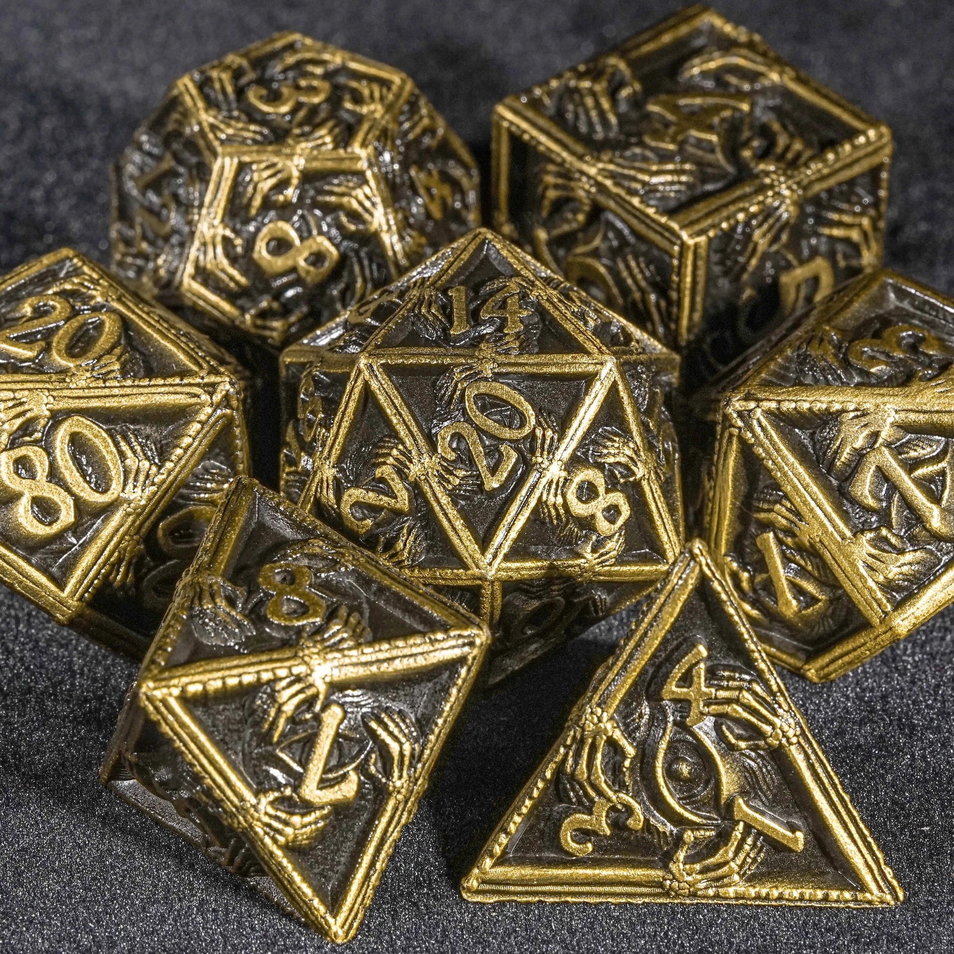 Mysterious Wizard - Gold Metal Skeleton Hand DND Dice Set | Bear Dice