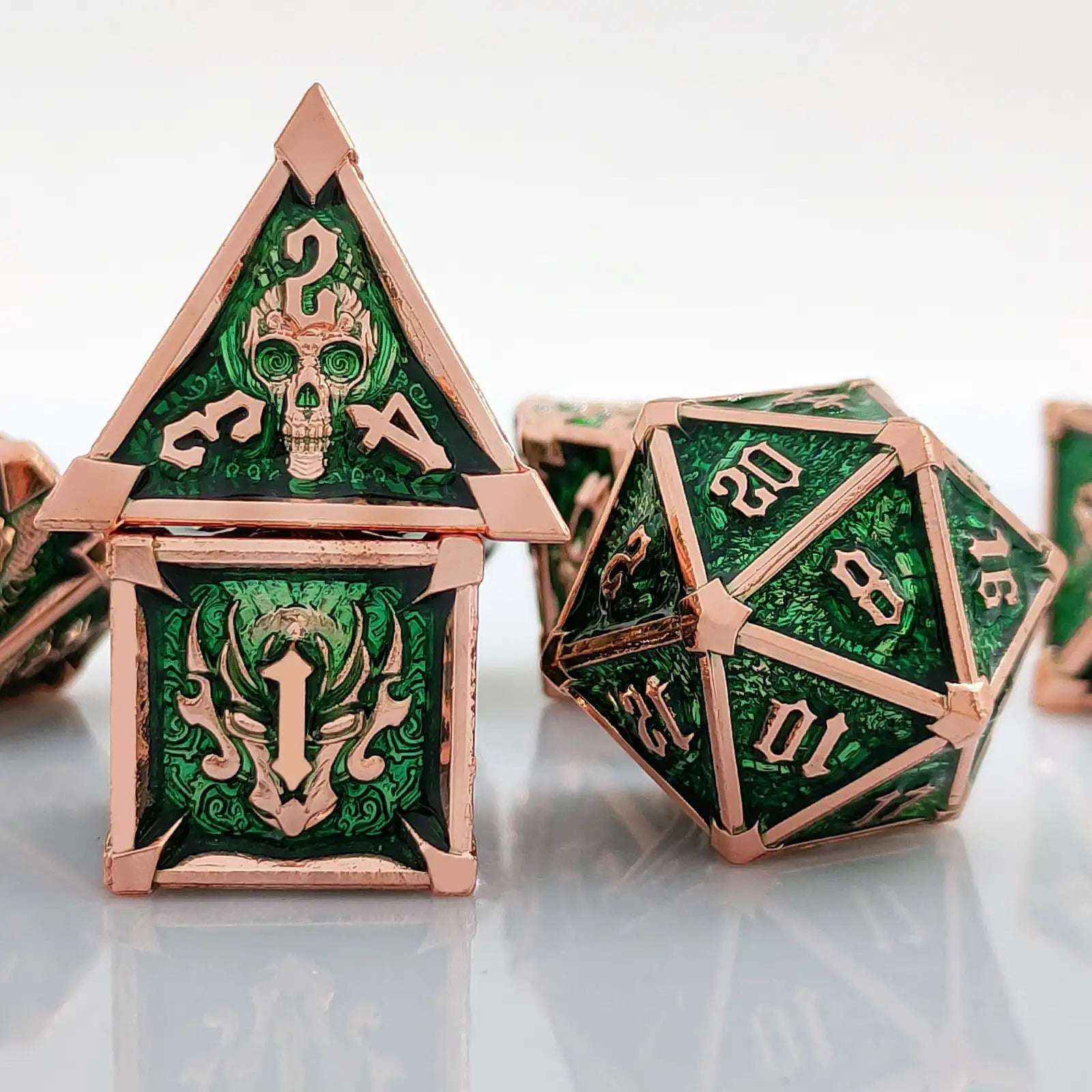 Gothic Mysticism - Starhorn Gold Edge Green Background Metal DND D4 Dice, D6 Dice, D20 Dice - Dragon Head, Skull, Octopus | Bear Dice