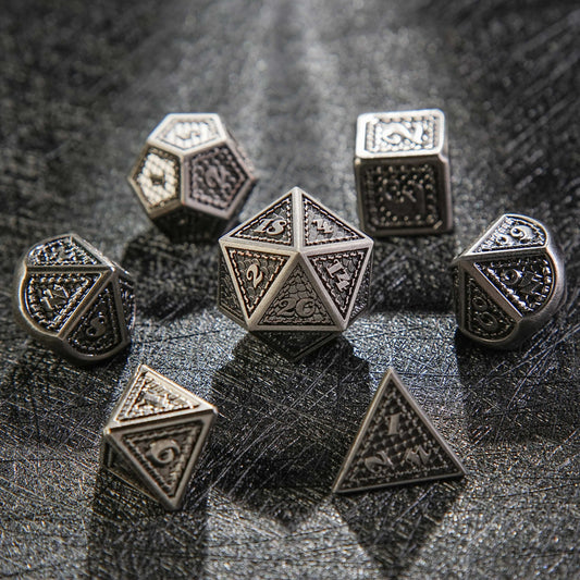 Classic Polyhedron Antique Nickel Dragon Scale Metal Solid DND Dice Set | Bear Dice