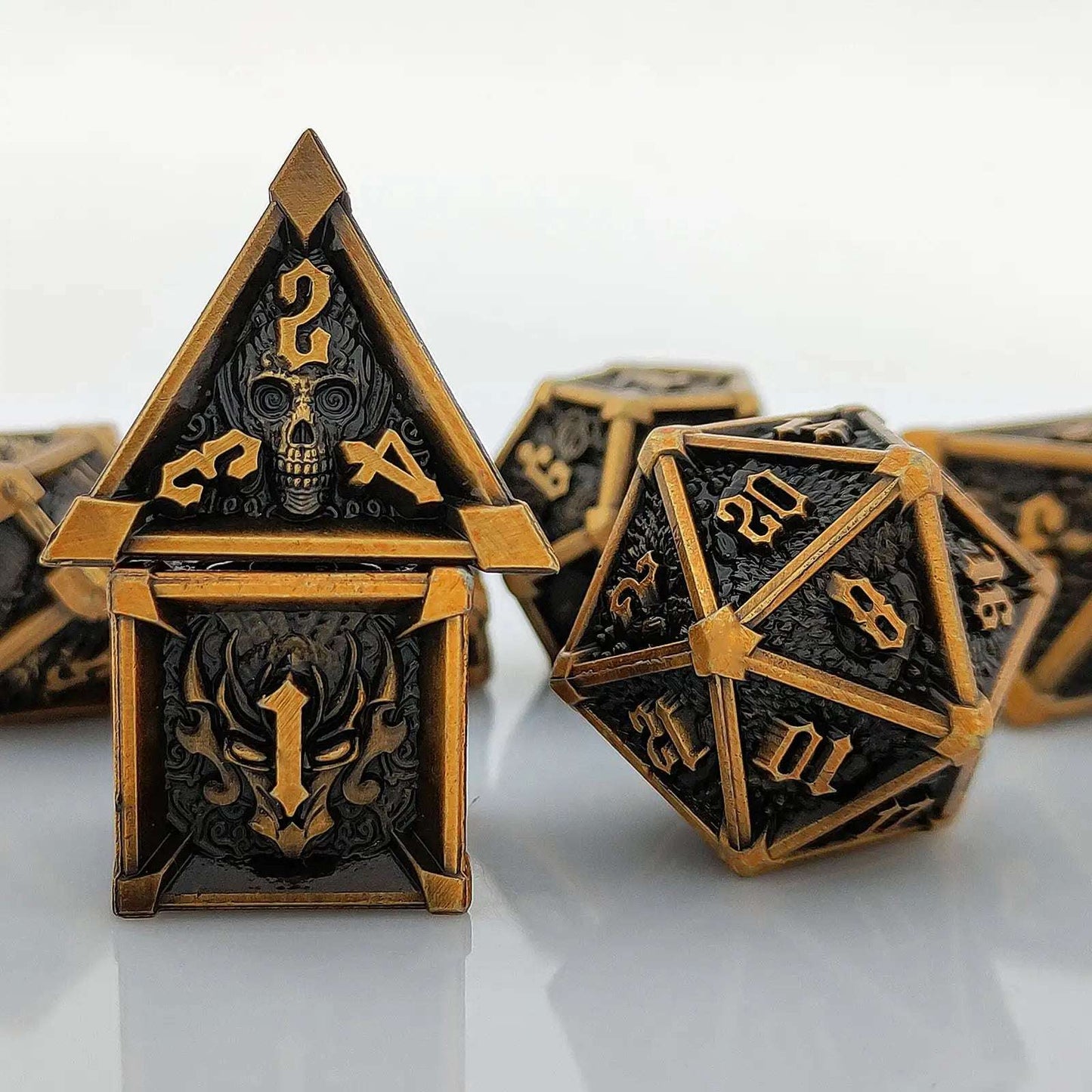 Gothic Mysticism - Starhorn Gold Edge Black Background Metal dnd d4 dice, d6 dice, d20 dice - Dragon head, Skull, Octopus | Bear Dice