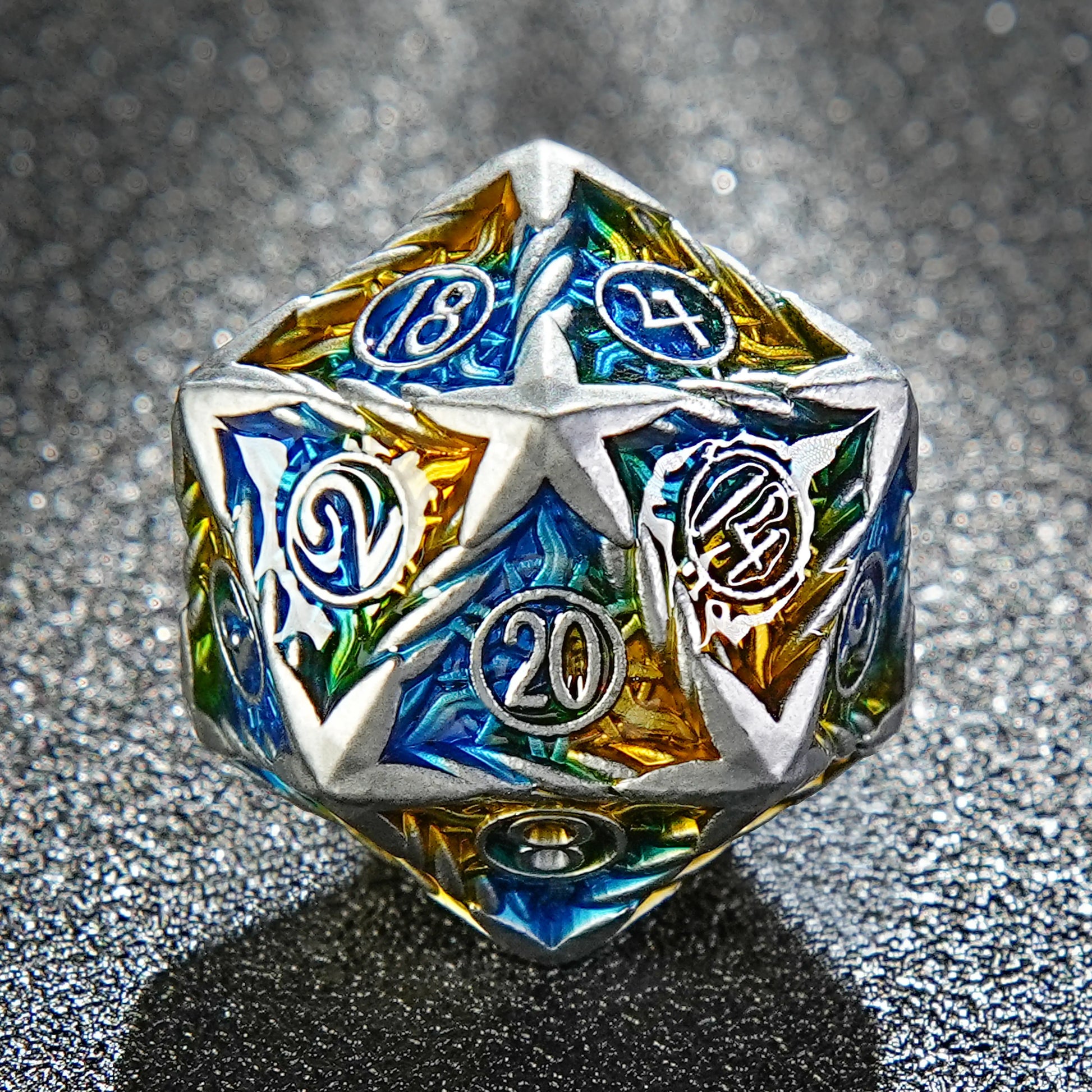 Sun Pattern Silver Solid Metal DND  D20 Dice + Yellow and Blue Colorway | Bear Dice