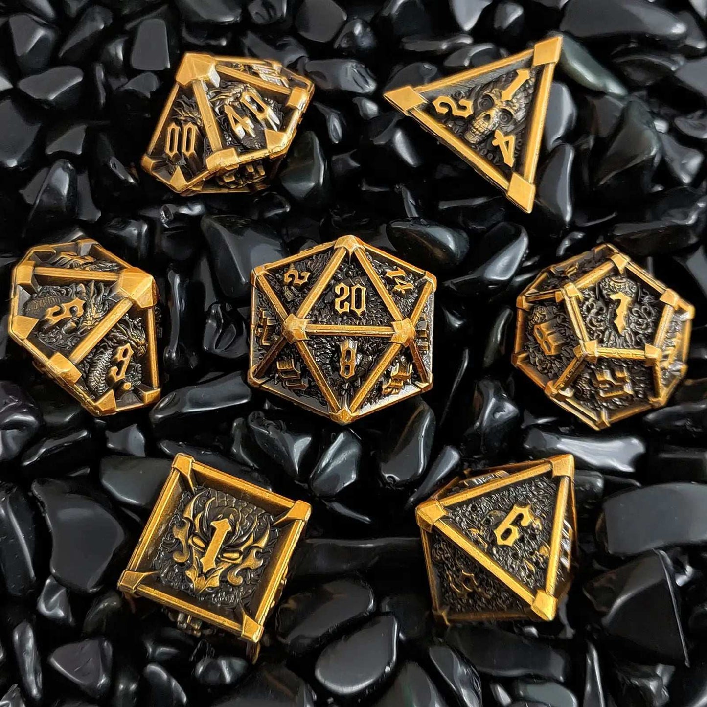 Gothic Mysticism - Starhorn Gold Background Metallic DND Dice Set - Dragon Head, Skull, Octopus | Bear Dice