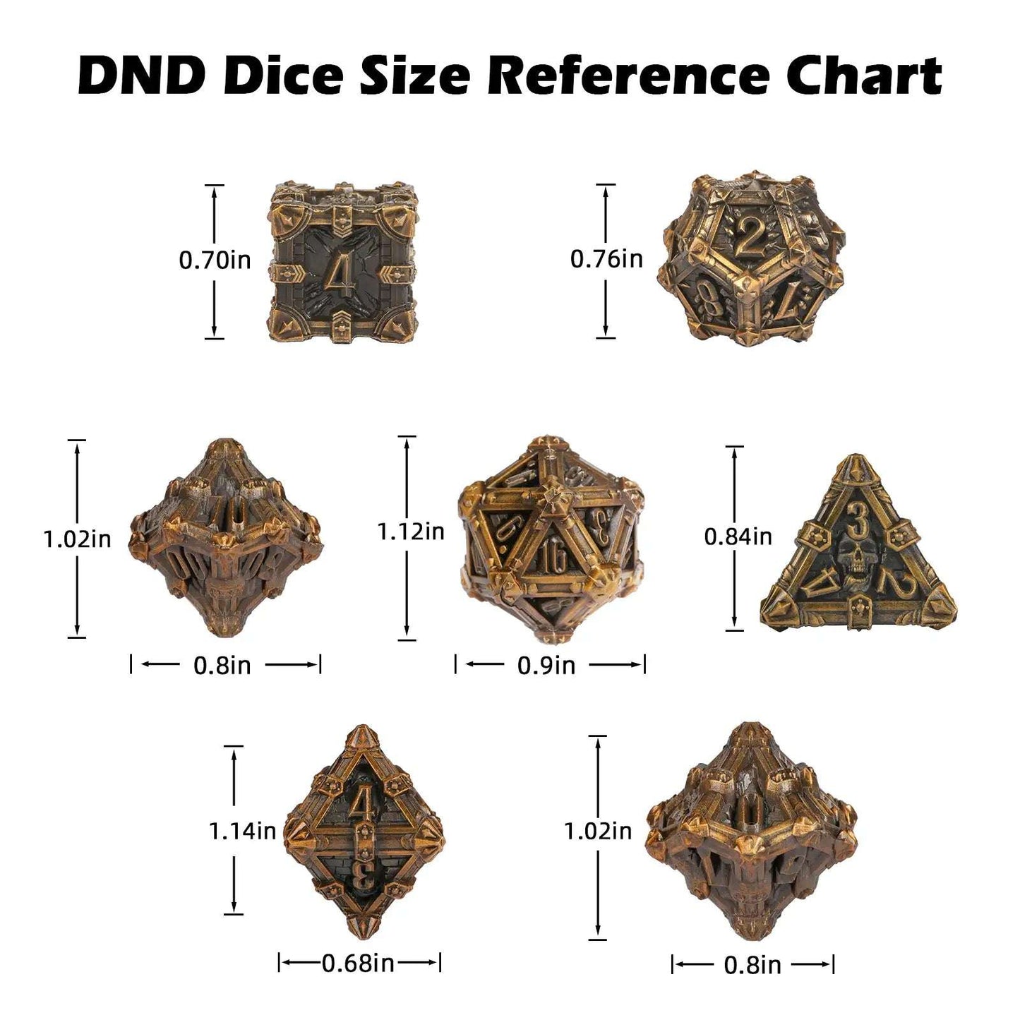 Mysterious dark gothic skeleton series metal dice set size chart | Bear Dice
