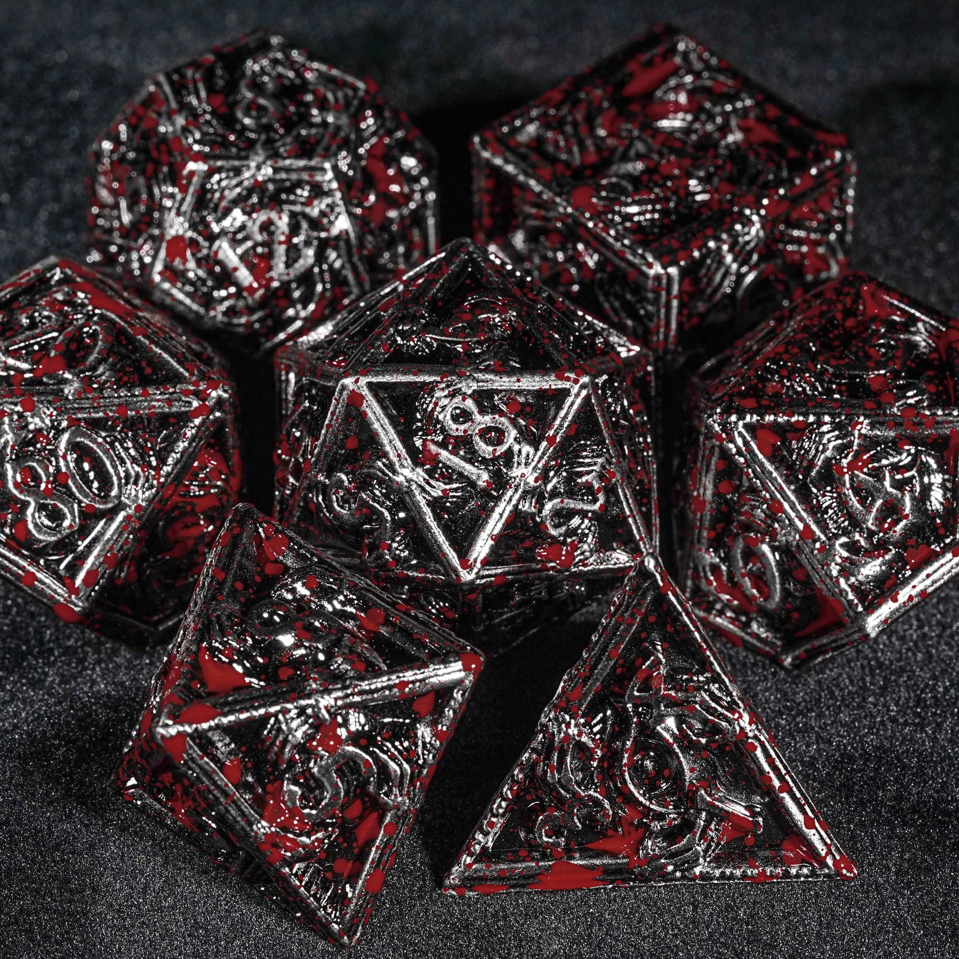 Mysterious Wizard - Silver Metal Skeleton Hand with Blood DND Dice Set | Bear Dice