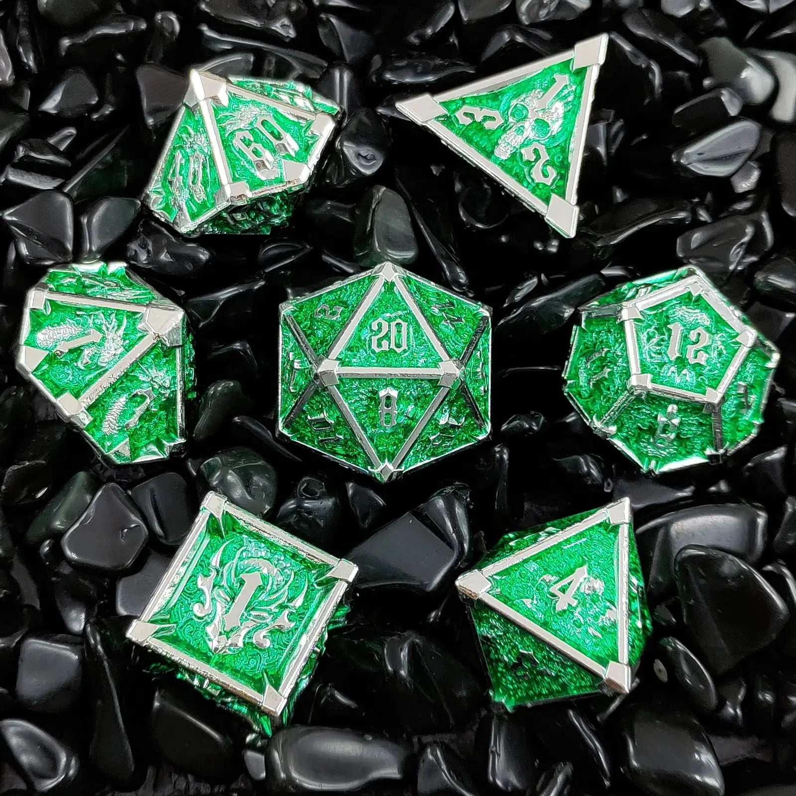 Gothic Mysticism - Star Horn Silver Edge Green Metal DND dice set - Dragon Head, Skull, Octopus | Bear Dice