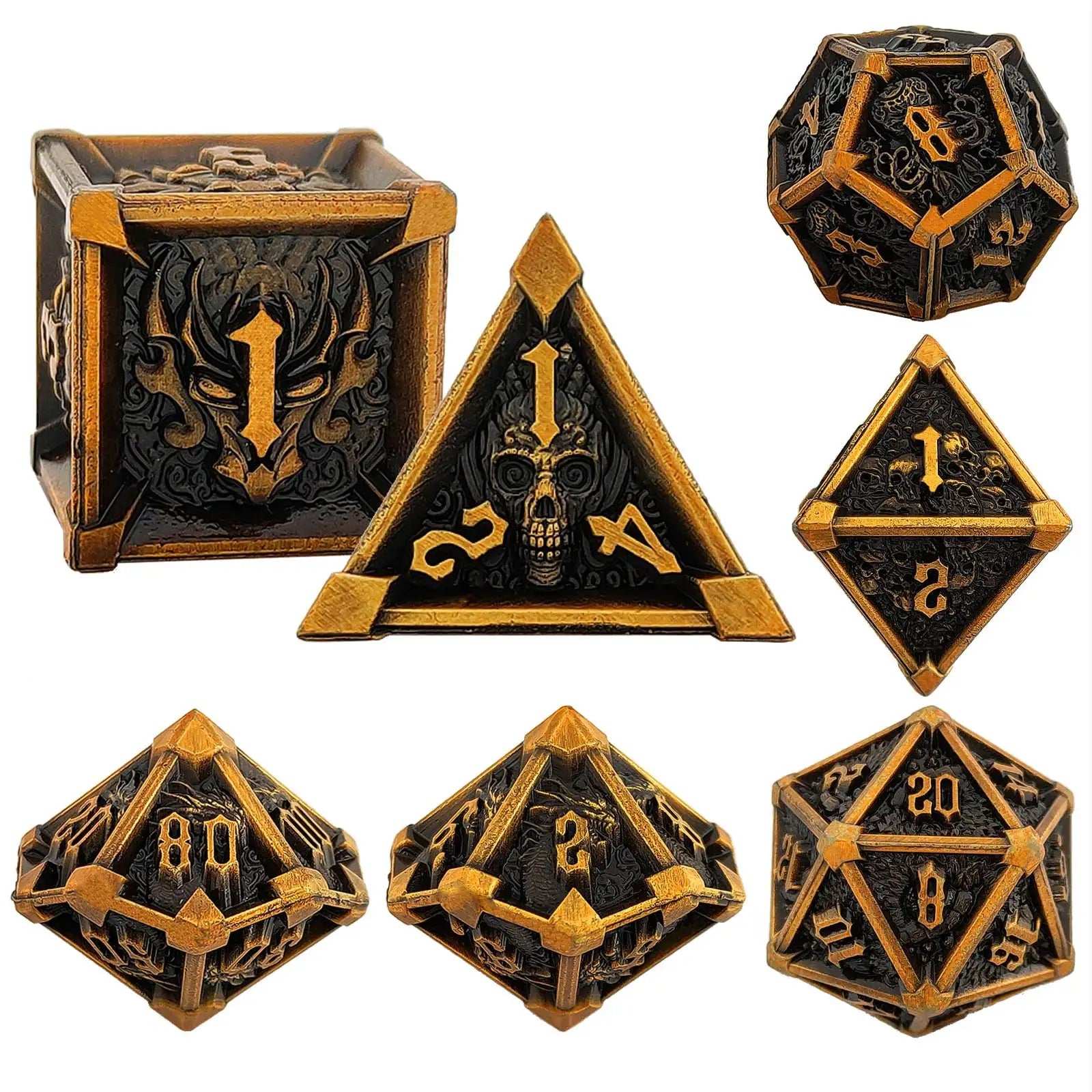 Gothic Mysticism - Starhorn Gold Edge Black Background Metal DND Dice Set - Dragon Head, Skull, Octopus | Bear Dice