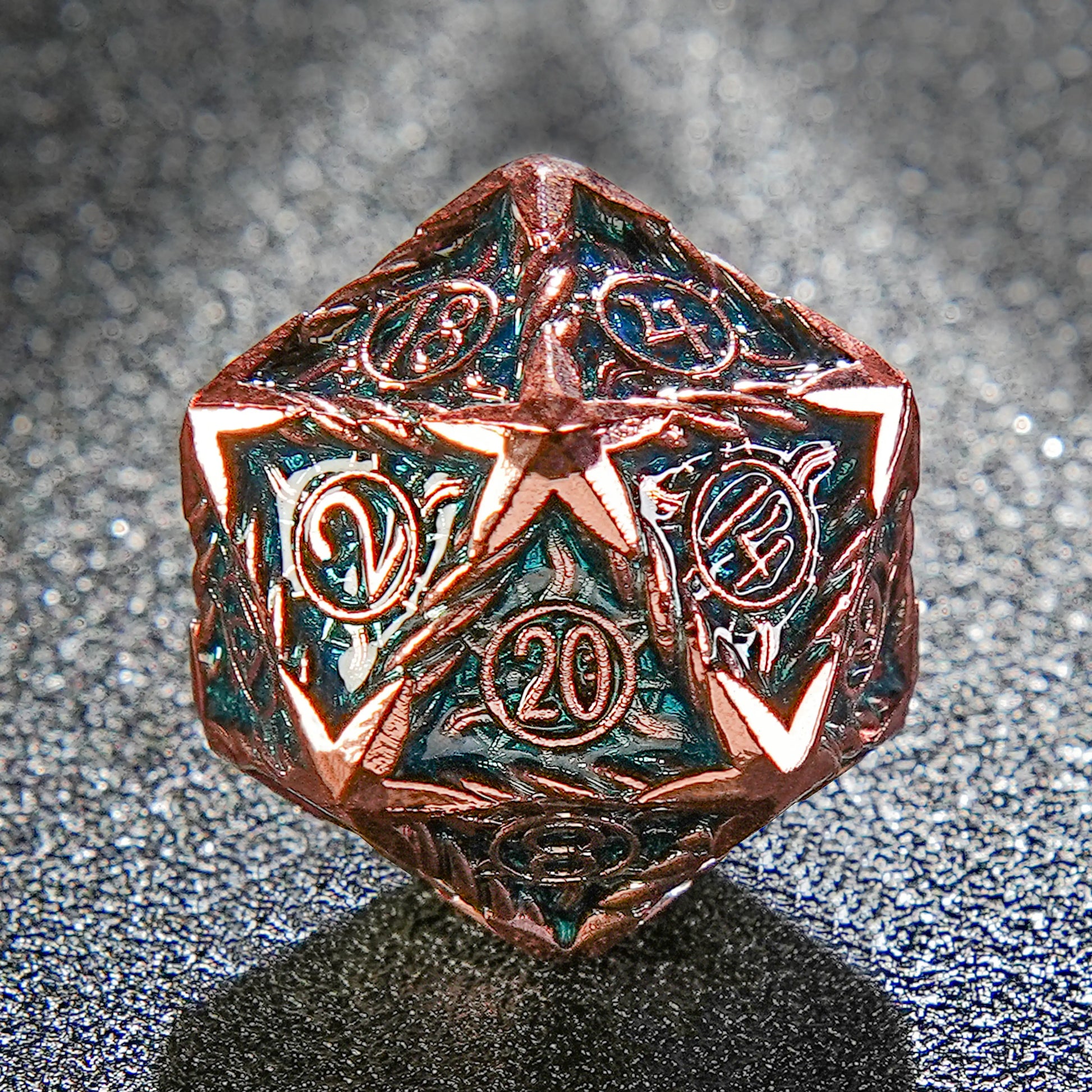 Sun Pattern Antique Red Copper Blue Metal DND D20 Dice | Bear Dice