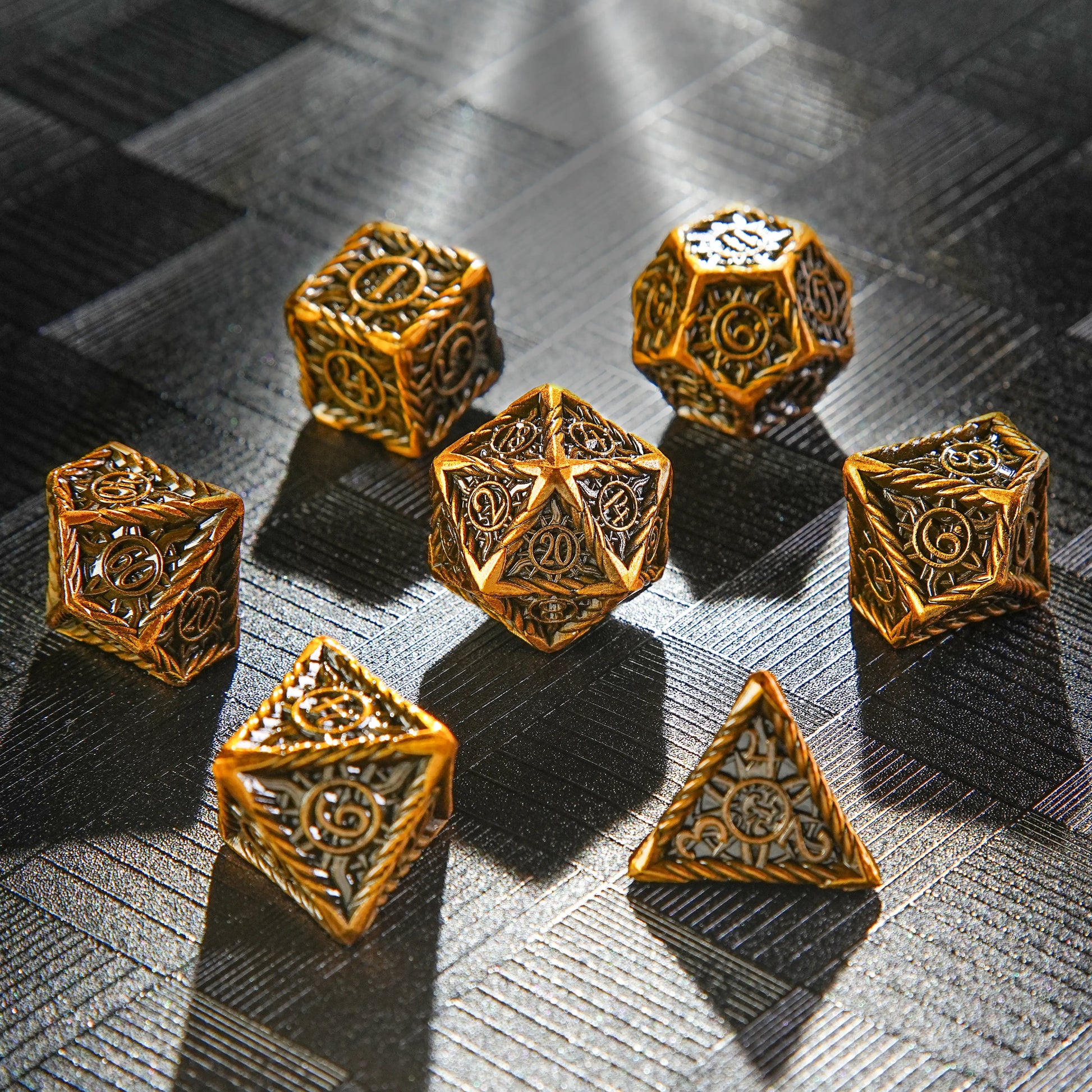 Vintage Sun Pattern Antique Gold Solid Metal RPG Dice Set | Bear Dice