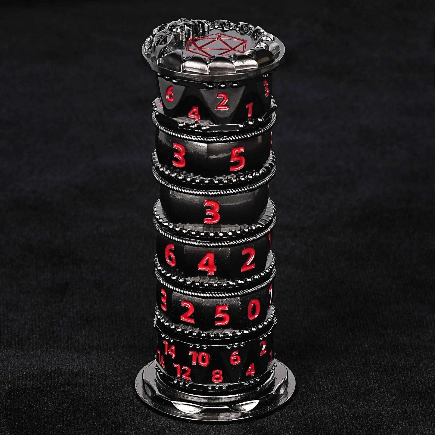 Unique dice tower: black cylinder multi-layer rotating metal dnd dice + red numbers | Bear Dice
