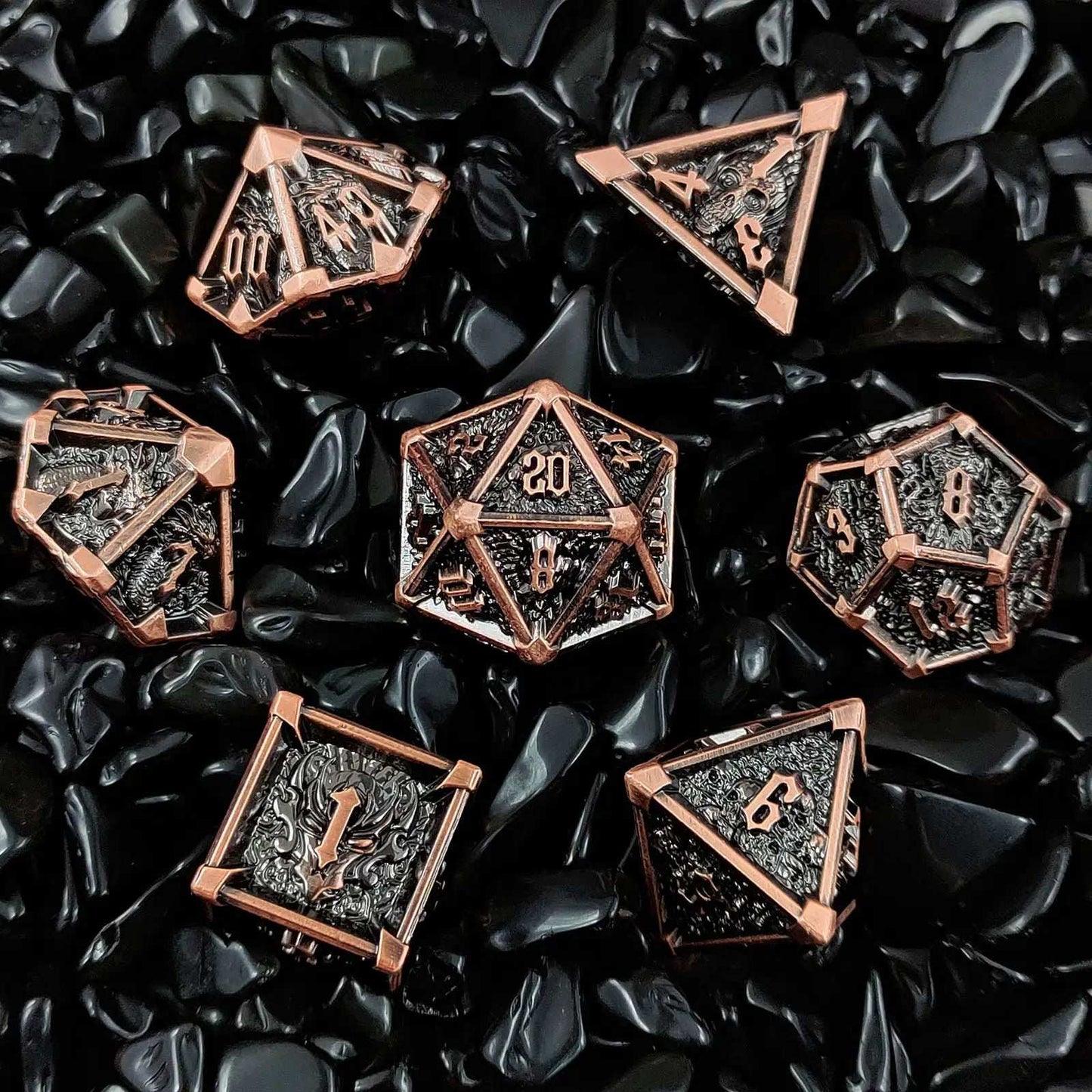 Gothic Mysticism - Starhorn black background metal dnd dice set - dragon head, skull, octopus | Bear Dice