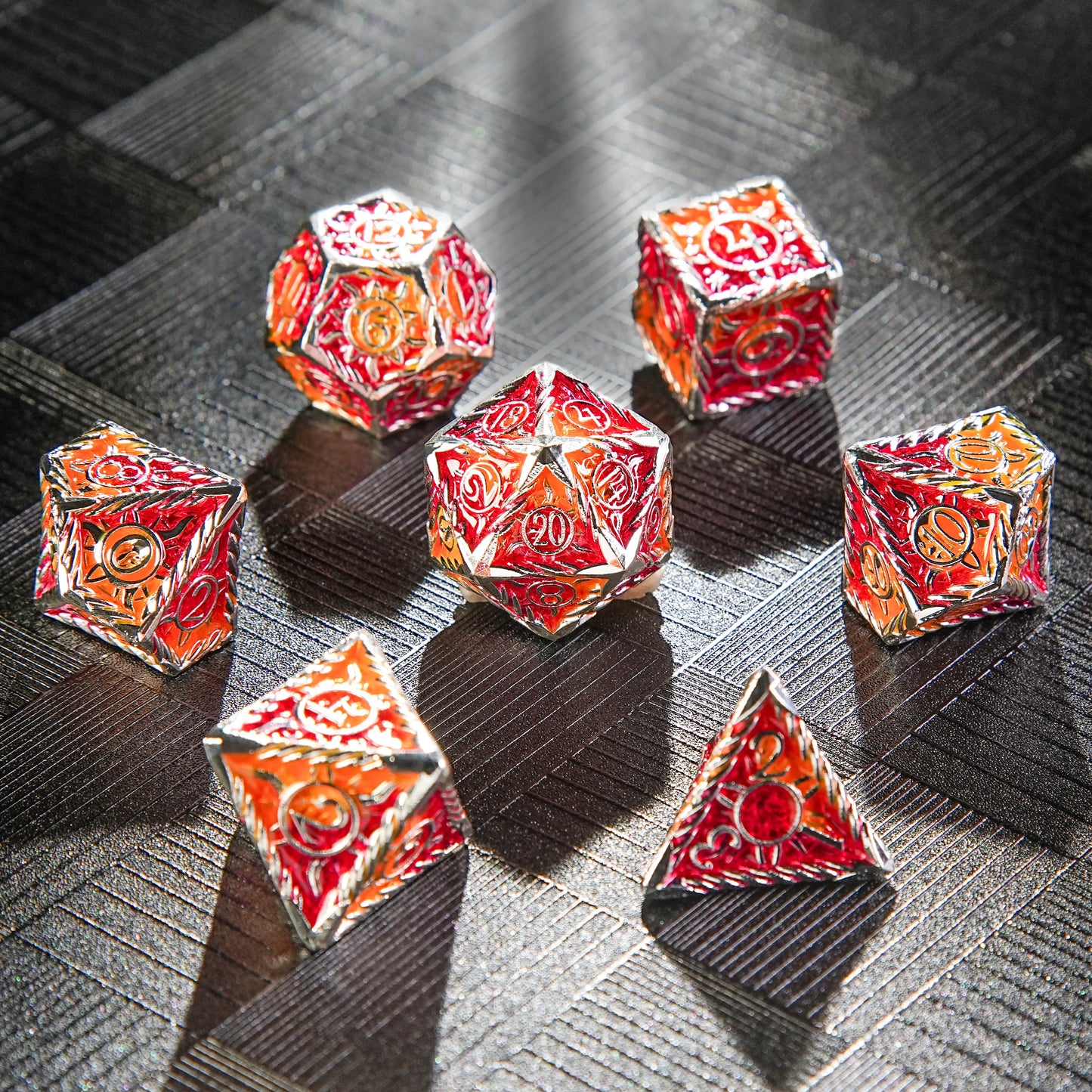 Solid Metal Sunburst Red and Yellow  DND Dice Set | Bear Dice