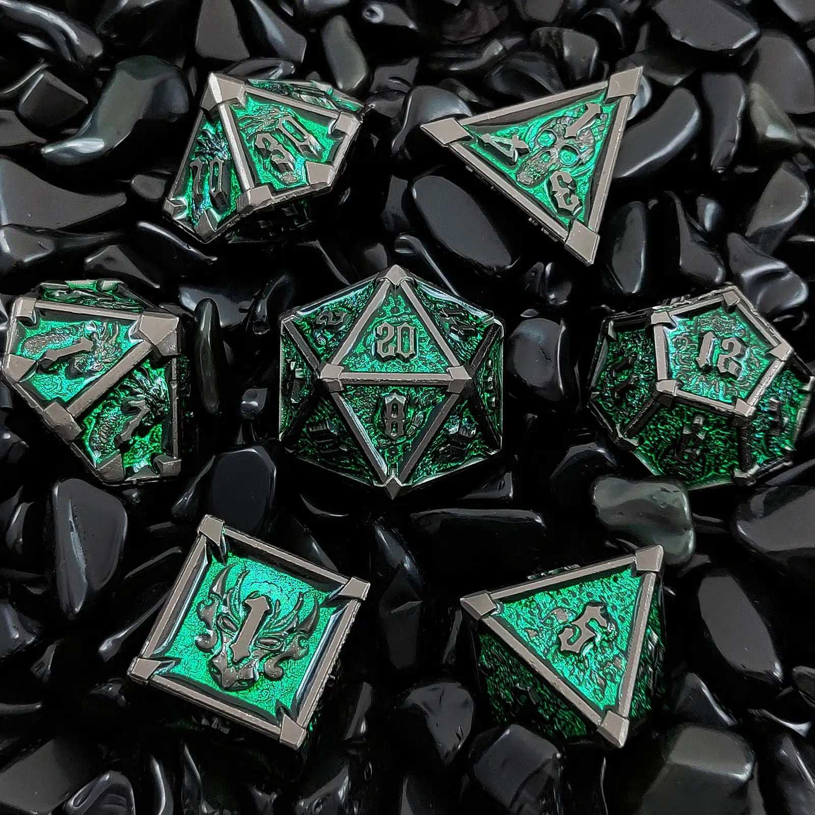 Gothic Mysticism - Star Horn Black Border Fluorescent Green Metal DND Dice Set - Dragon Head, Skull, Octopus | Bear Dice