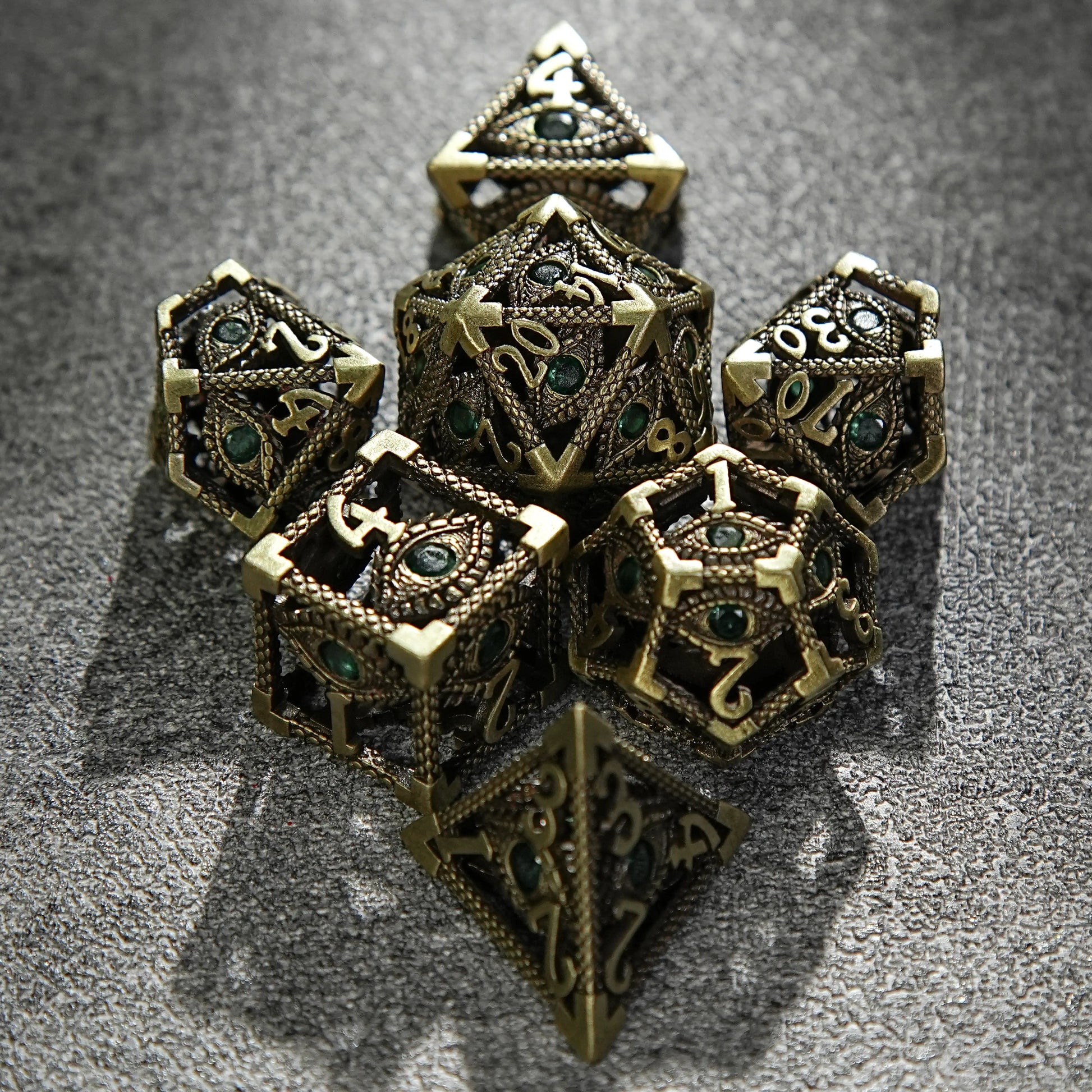 Bronze Emerald Dragon Eye Hollow Metal DND Dice Set | Bear Dice