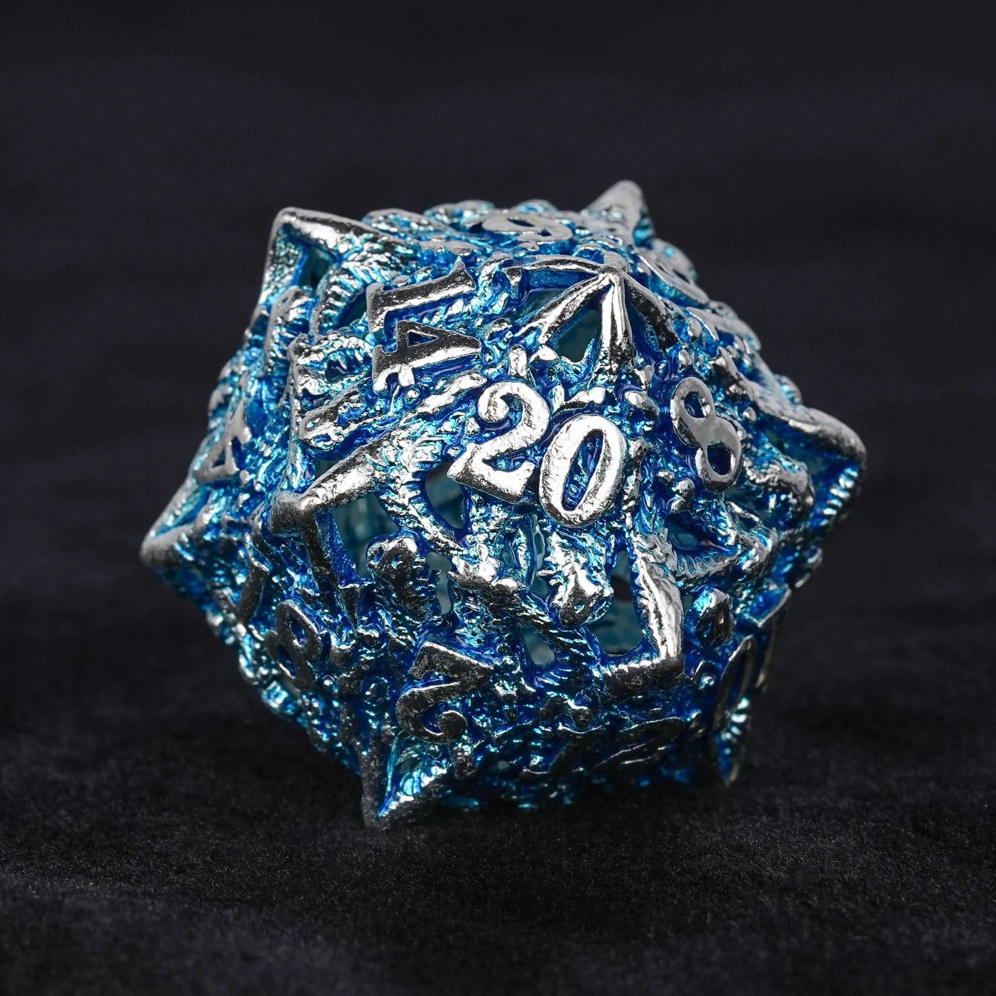 Balor Style - Silver Blue Skeletonized Metal  hollow dnd d20 dice | Bear Dice