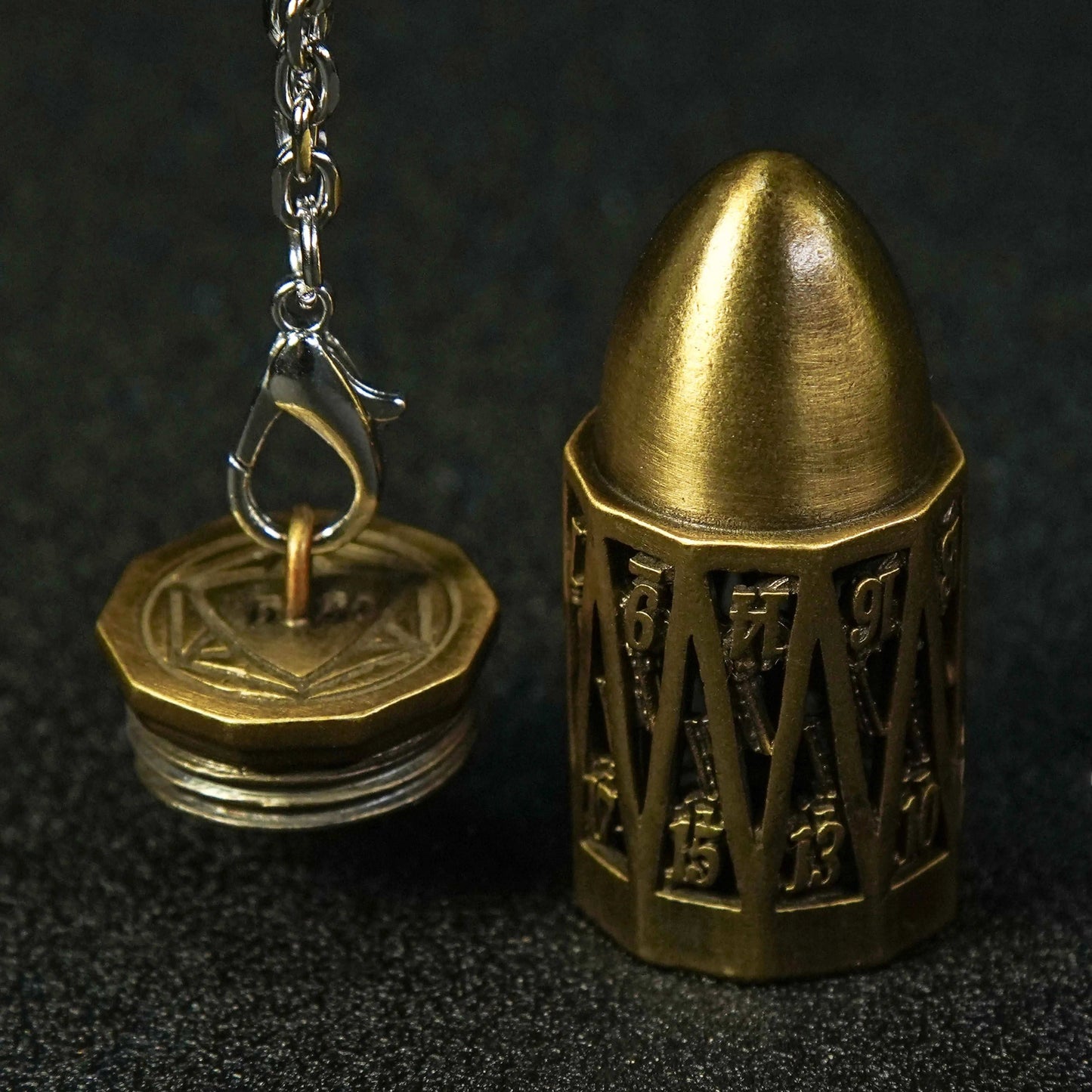 Unique Bullet Shape Antique Gold Hollow Metal D20 Dice Cage Necklace + Mini Dice Set | Bear Dice
