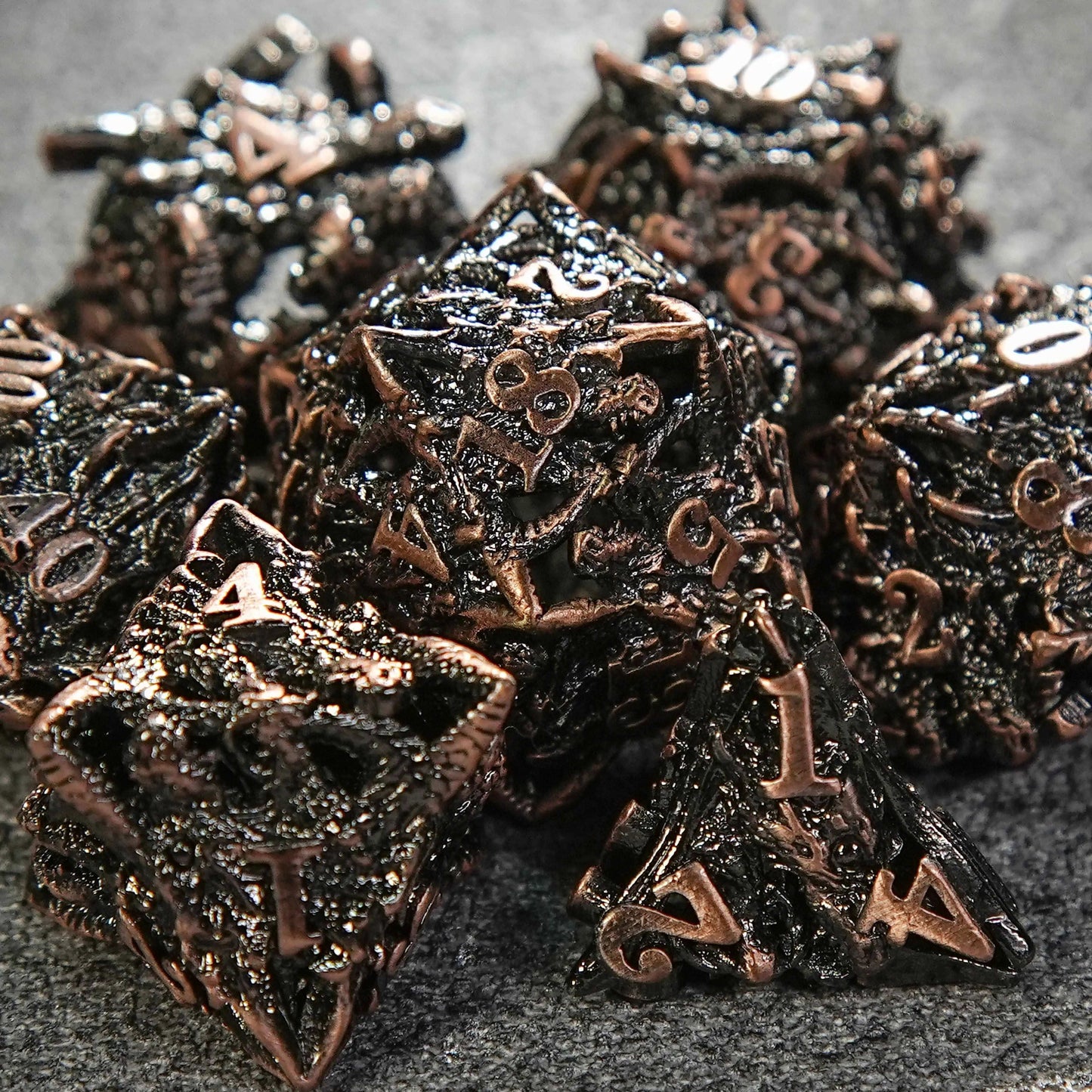 Dragon head skeletonized metal dnd dice set + reddish copper color | Bear Dice