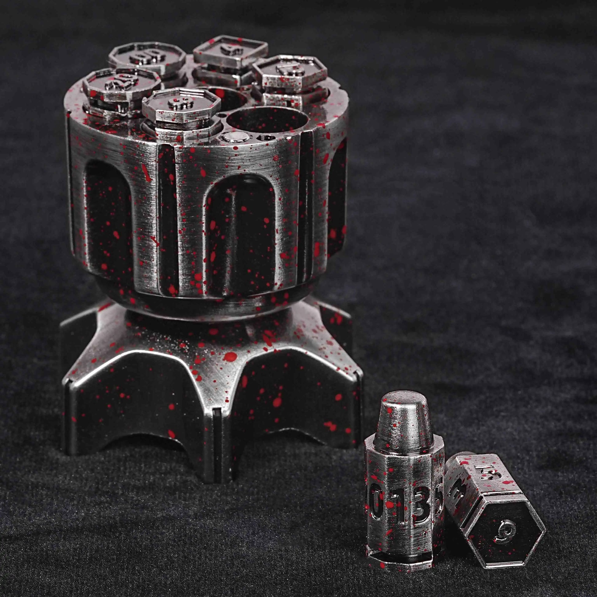 Cool Rocket Launcher Dice Box + Unique Silver Blood Metal Polyhedron DND Bullet Dice Set-D20 dice、D6 dice | Bear Dice