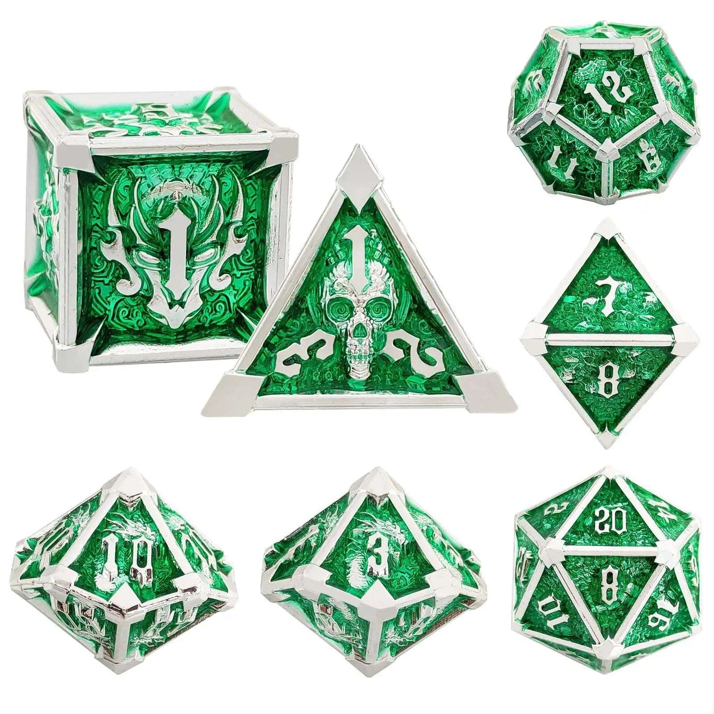 Gothic Mysticism - Star Horn Silver Edge Green Metal DND dice set - Dragon Head, Skull, Octopus | Bear Dice