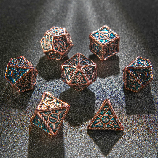 Sun Pattern Antique Red Copper Blue Metal DND Dice Set | Bear Dice