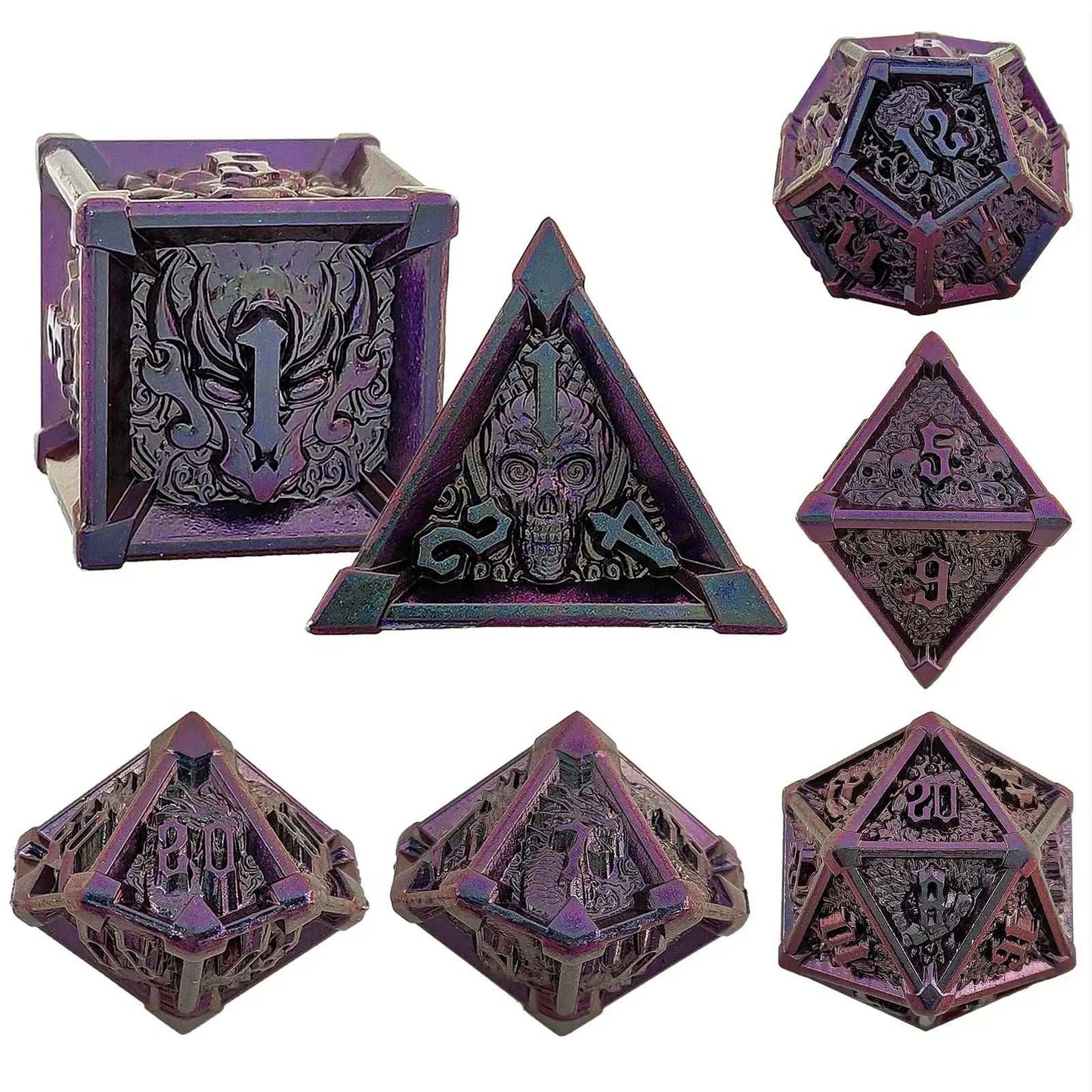 Gothic Mysticism - Star Corner Gradient Purple Blue Metallic DND dice set - Dragon Head, Skull, Octopus | Bear Dice