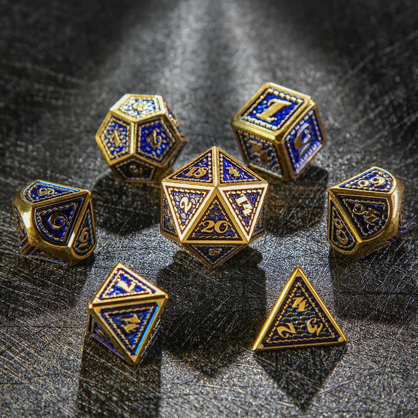 Vintage Luxury: Gold Blue Dragon Scale Metal DND Dice Set | Bear Dice