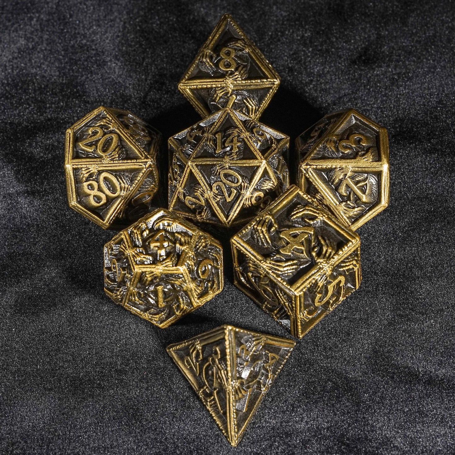 Mysterious Wizard - Gold Metal Skeleton Hand DND Dice Set | Bear Dice