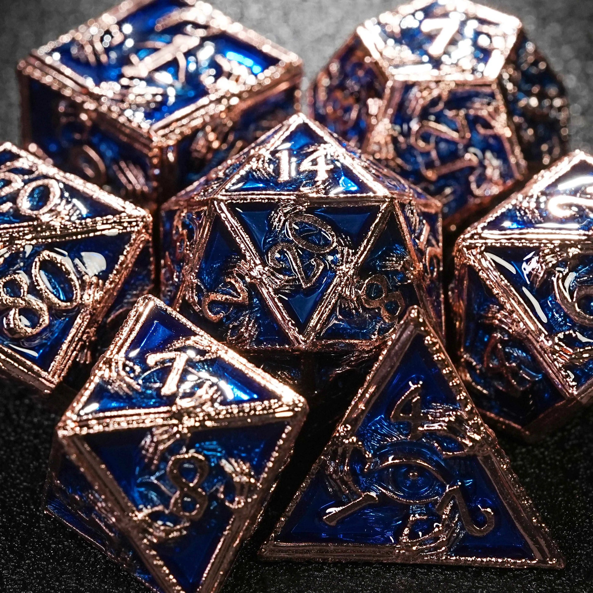 Mysterious Wizard - Gold Edge Blue Metal Skeleton Hand DND Dice Set | Bear Dice