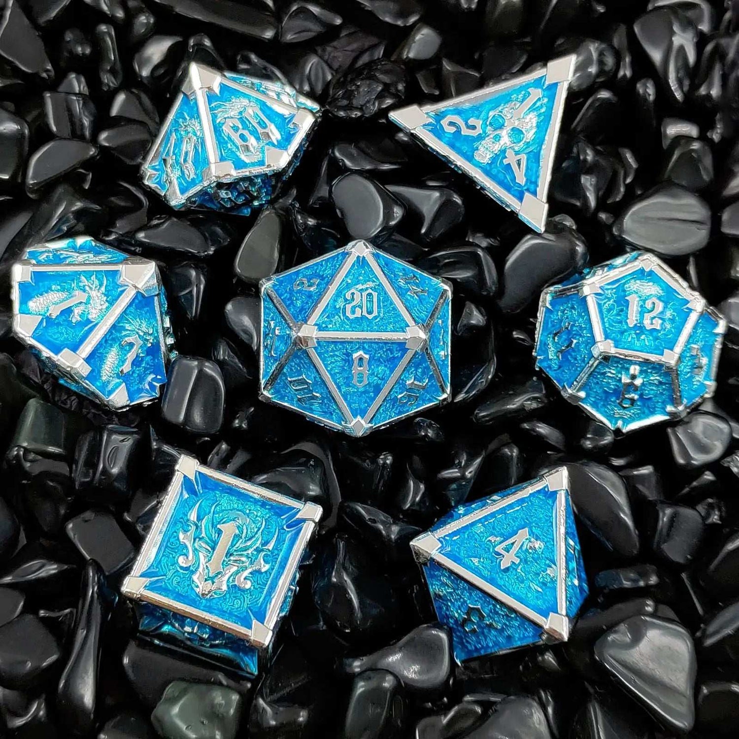 Gothic Mysticism - Star Horn Silver Edge Blue Metallic DND Dice Set - Dragon Head, Skull, Octopus | Bear Dice