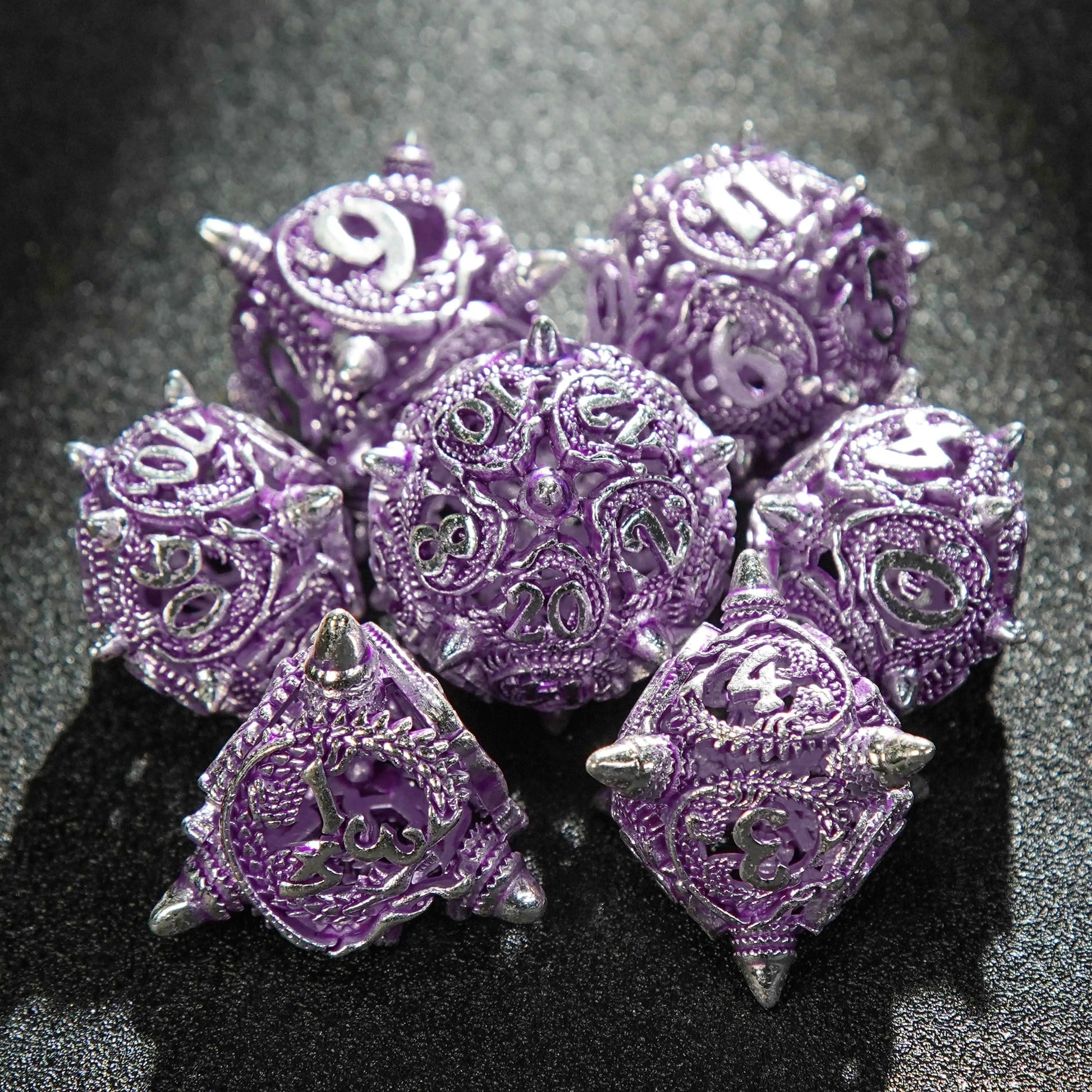 Bullet-shaped skeletonized metal dnd dice set + silver purple  | Bear Dice
