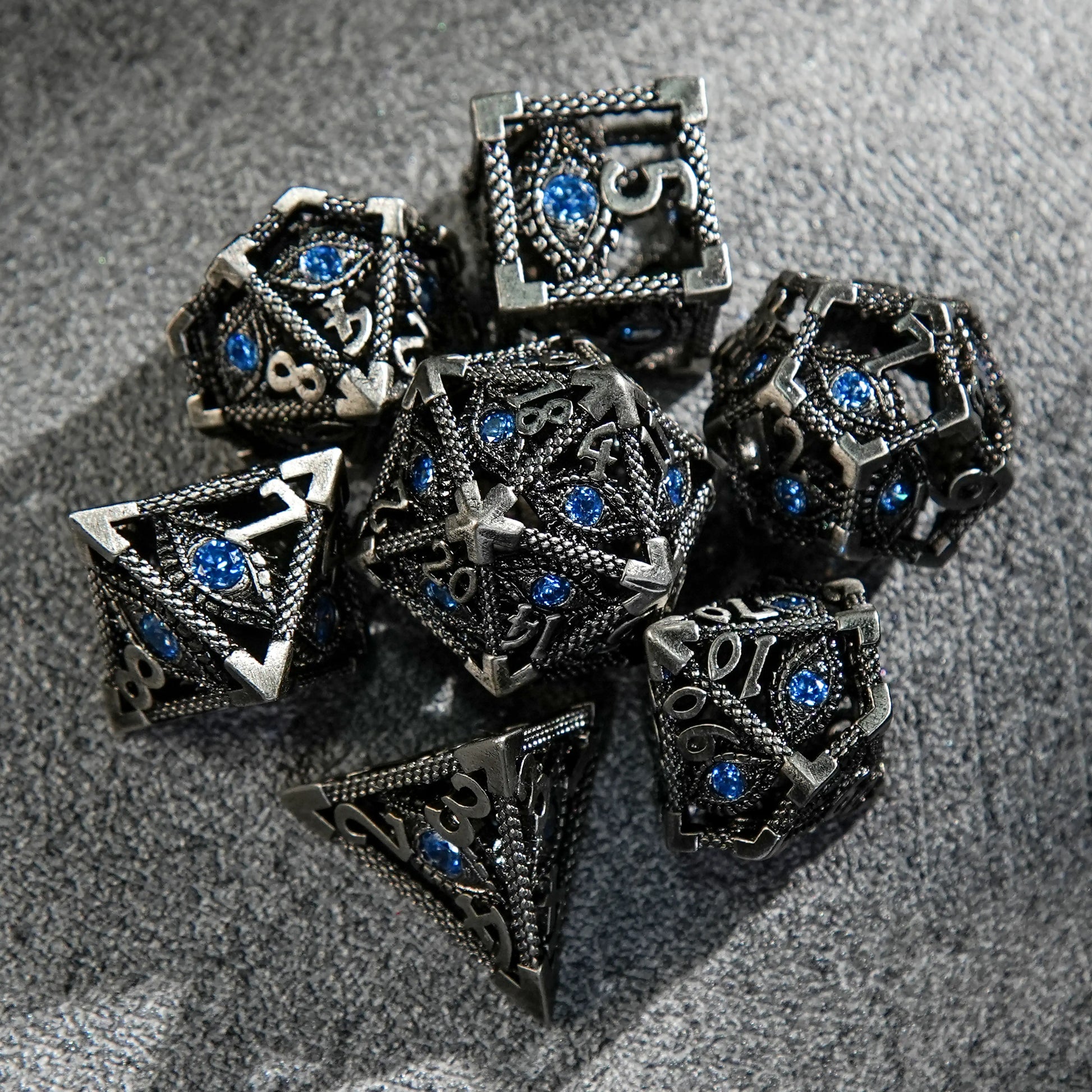 Dark Elves - Sapphire Dragon's Eye Skeleton Metal DND Dice Set | Bear Dice