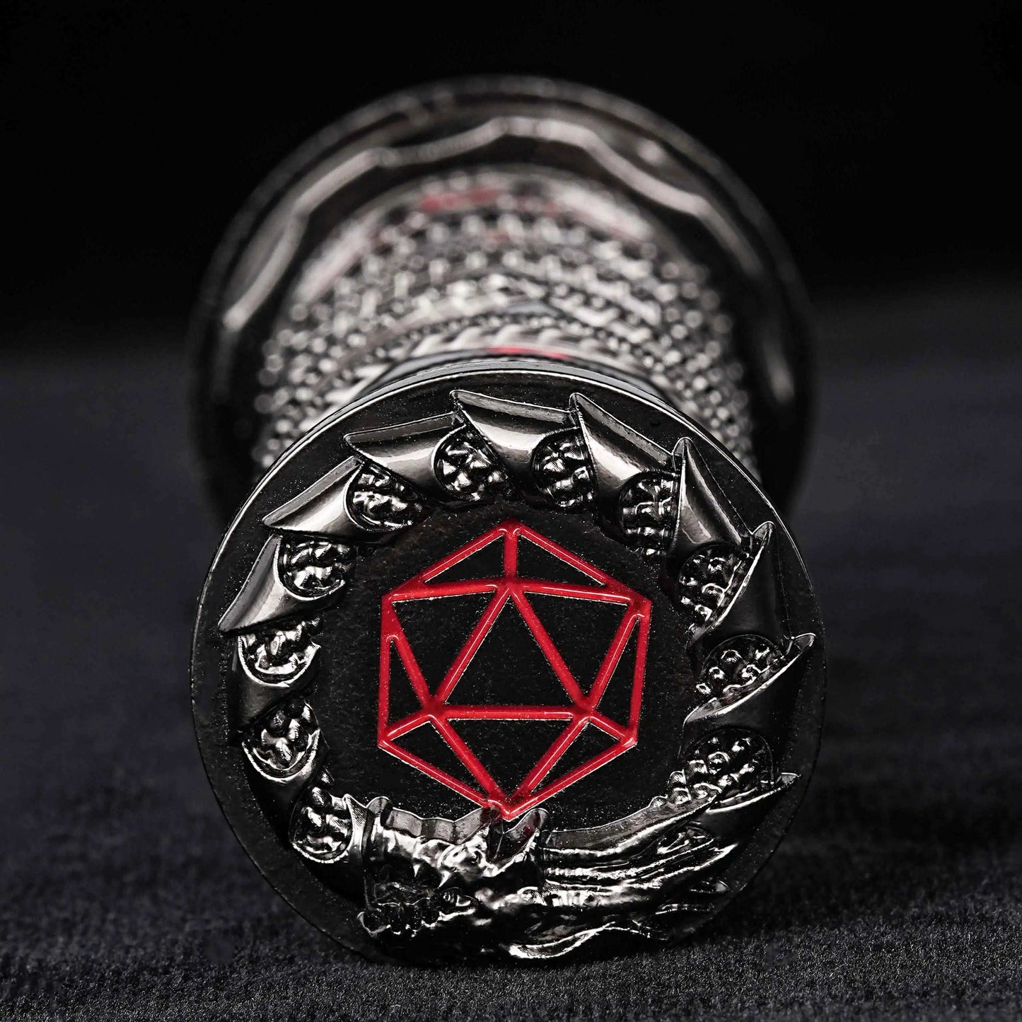 Unique dice tower: black cylinder multi-layer rotating metal dnd dice + red numbers | Bear Dice
