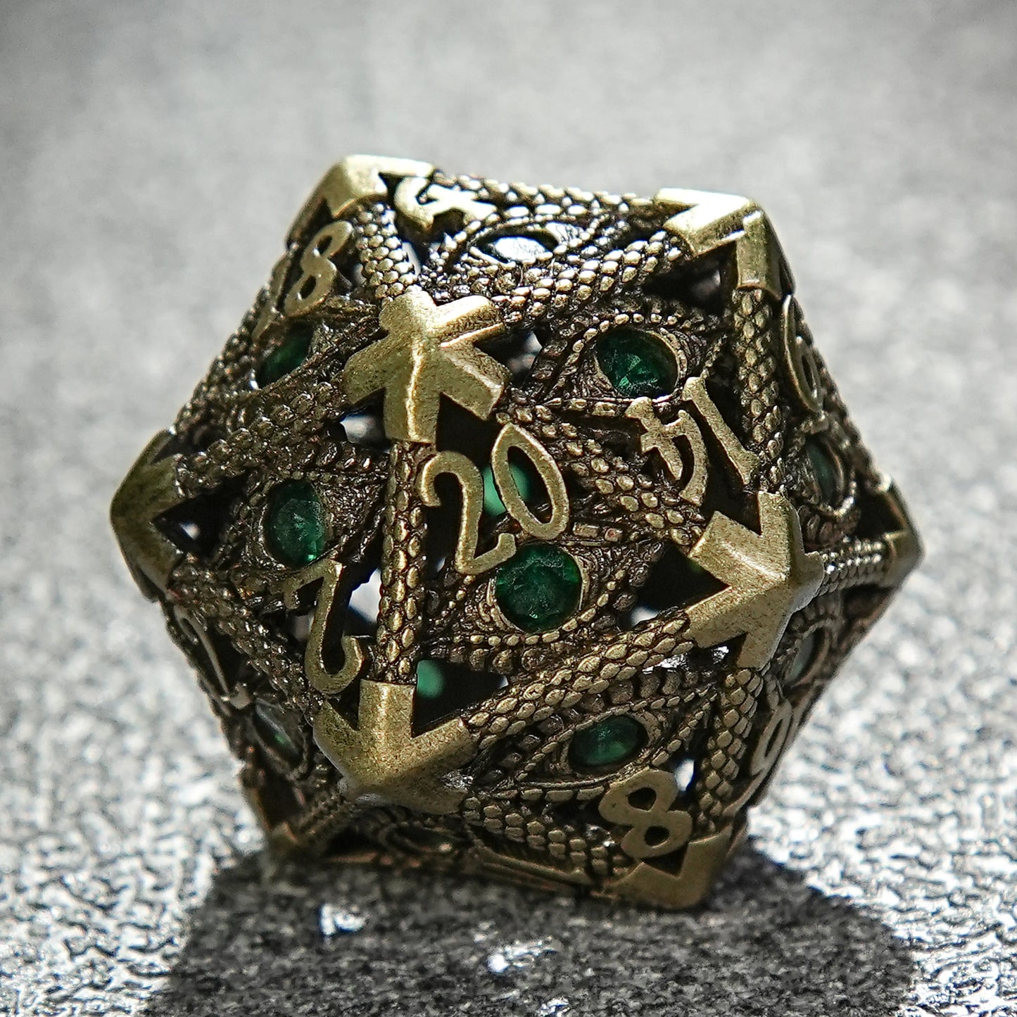 Bronze Emerald Dragon Eye Hollow Metal DND D20  Dice | Bear Dice