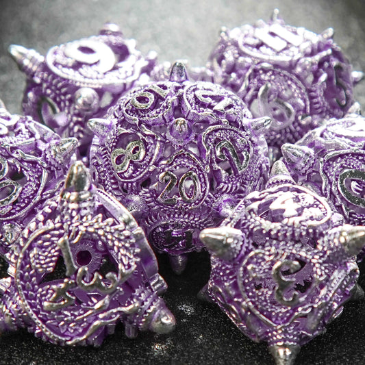 Bullet-shaped skeletonized metal dnd dice set + silver purple | Bear Dice
