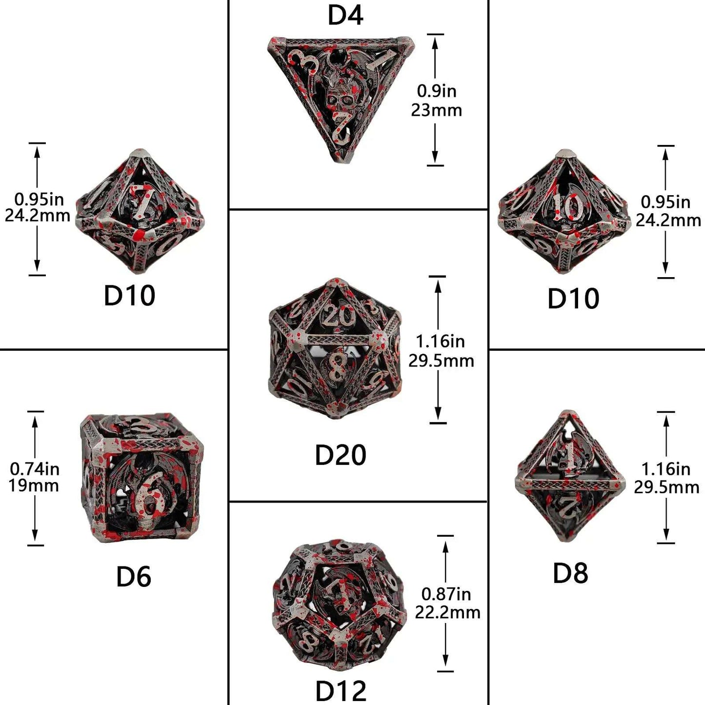 Skeleton Dragon Skeleton Metal DND Dice Set Size Chart | Bear Dice
