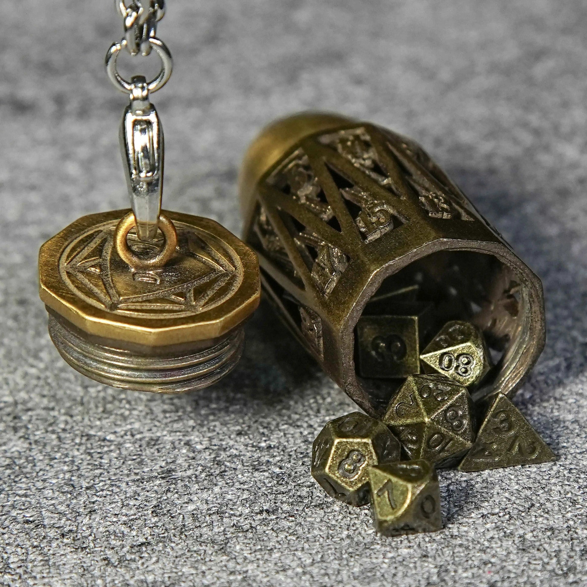 Unique Bullet Shape Antique Gold Hollow Metal D20 Dice Cage Necklace + Mini Dice Set | Bear Dice
