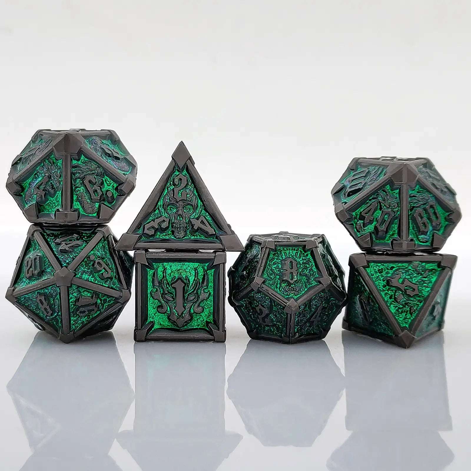 Gothic Mysticism - Star Corner Black Border Fluorescent Green Metal DND Dice Set - Dragon Head, Skull, Octopus | Bear Dice