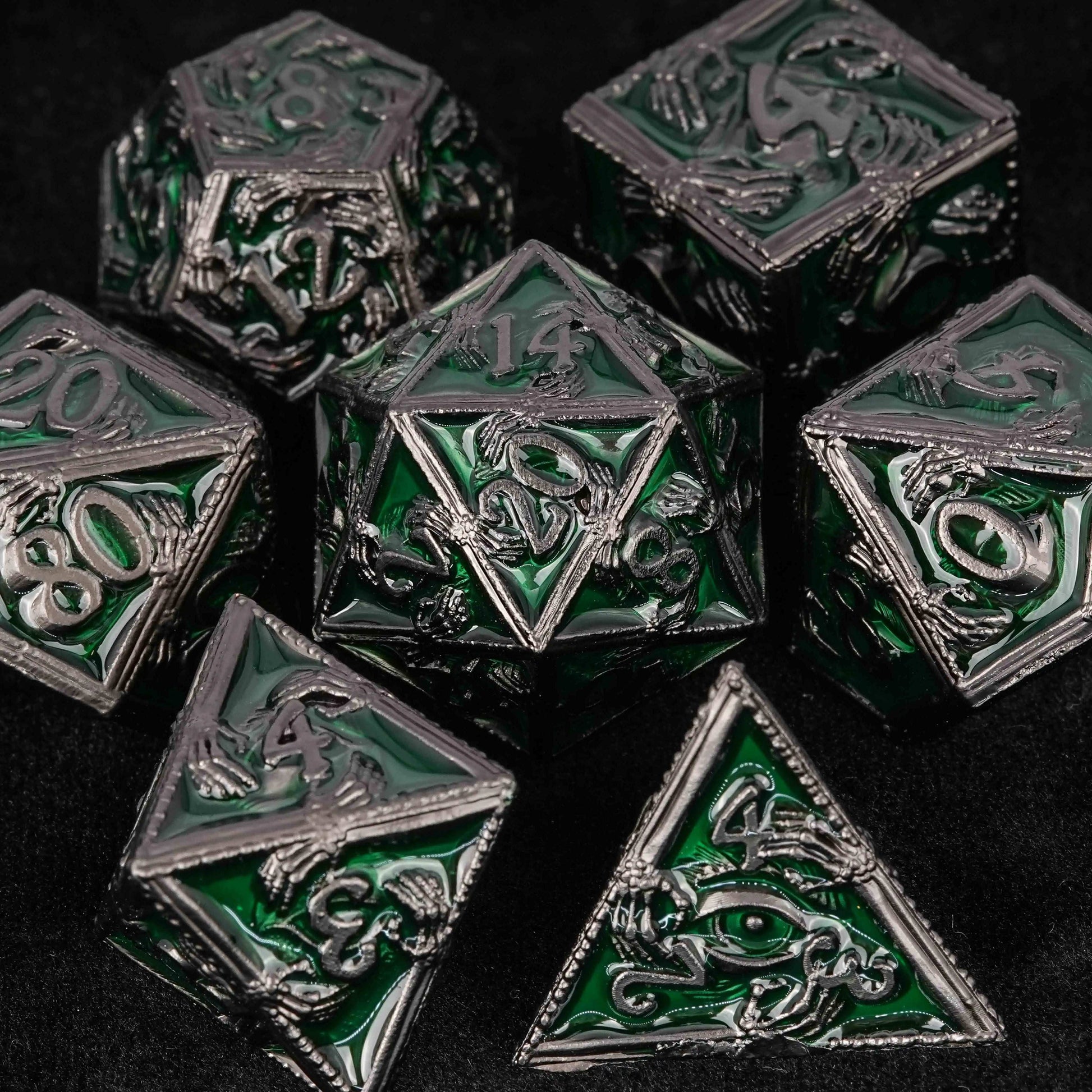 Mystic Wizard - Dark Skull Hand Bronze Metal DND Dice Set+Silver Font | Bear Dice