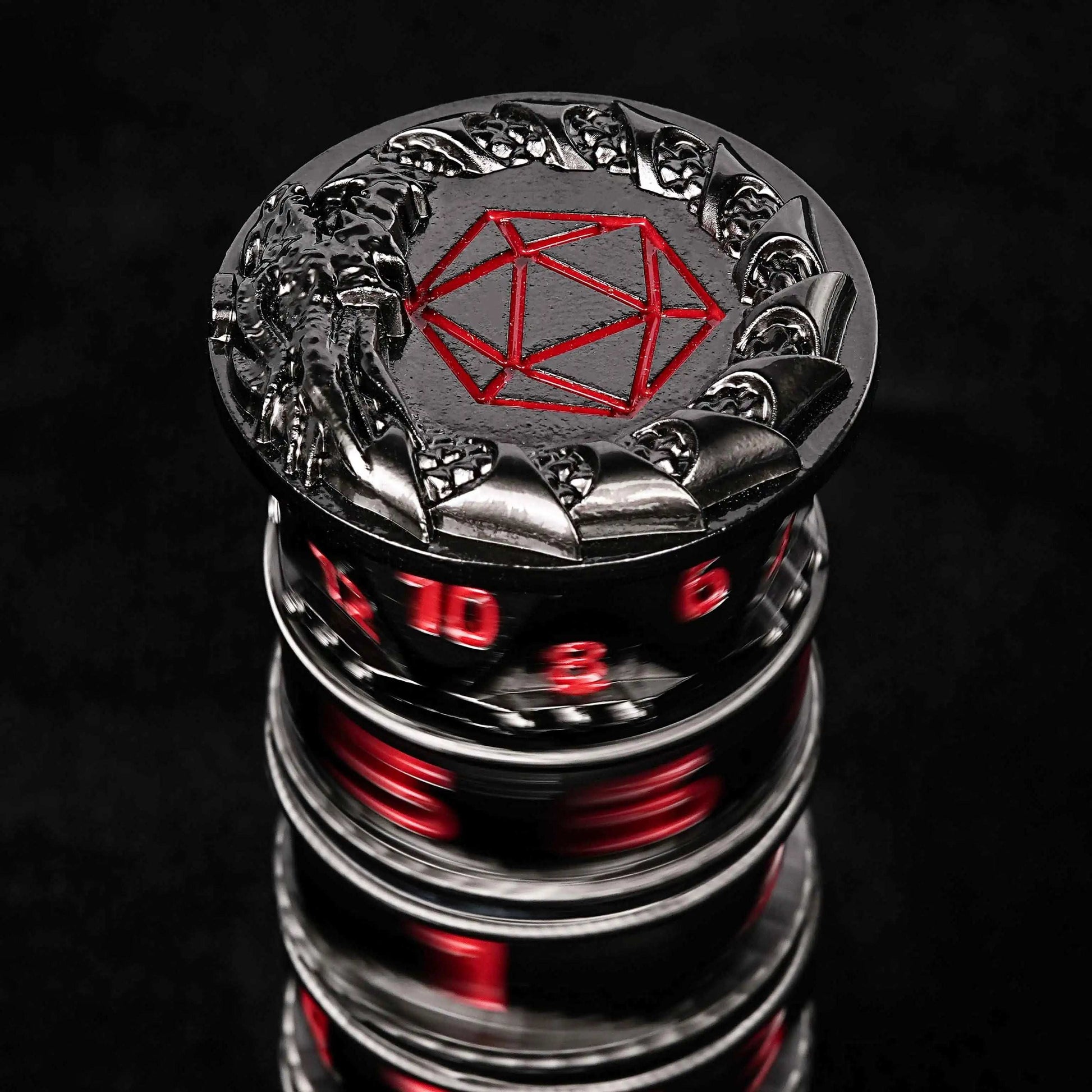 Unique dice tower: black cylinder multi-layer rotating metal dnd dice + red numbers | Bear Dice
