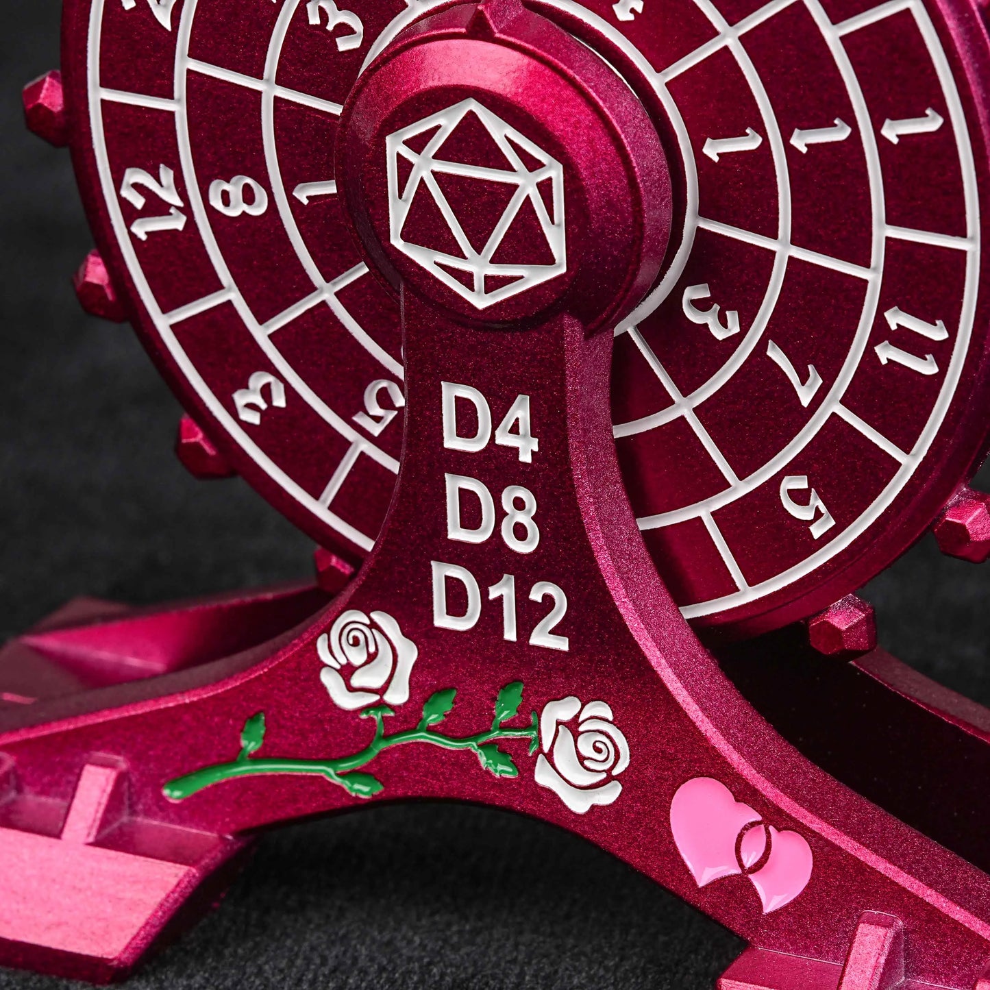 Metal DND Unique Dice: Pink Gold Rose Ferris Wheel Spin Dice - D4, D8, D12 | Bear Dice