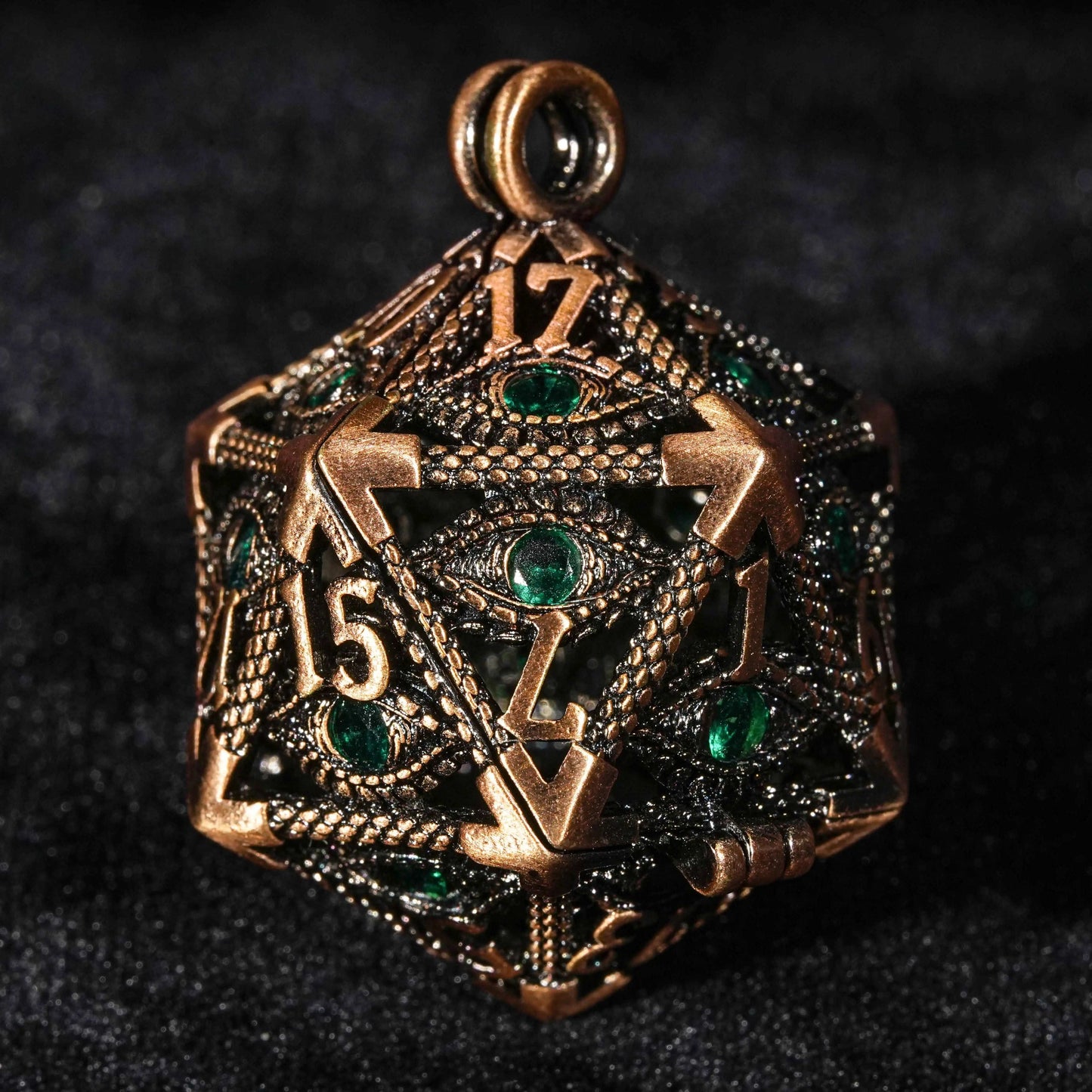 Ancient Copper with Emerald Green Gems Eye Hollow Metal Dice set | Bear Dice
