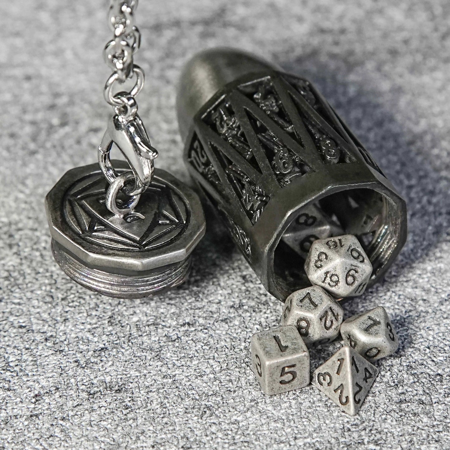 Antique Nickel Bullet Openwork Metal D20 Dice Cage Necklace + Mini Dice Set | Bear Dice
