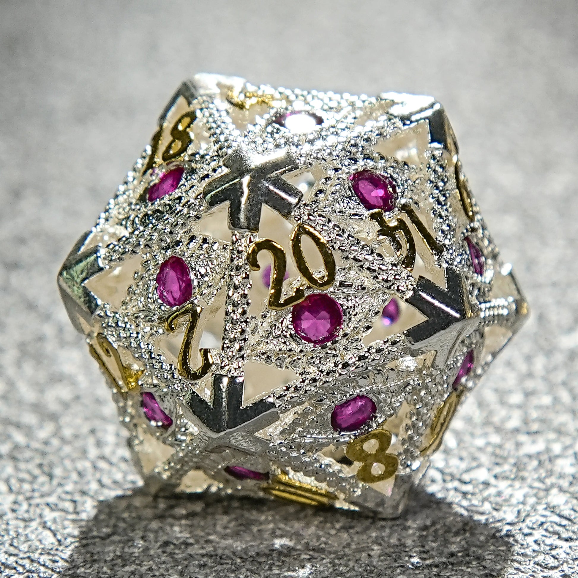 Silver with Pink Gems Dragon's Eye Hollow Metal RPG d20 dice | Bear Dice