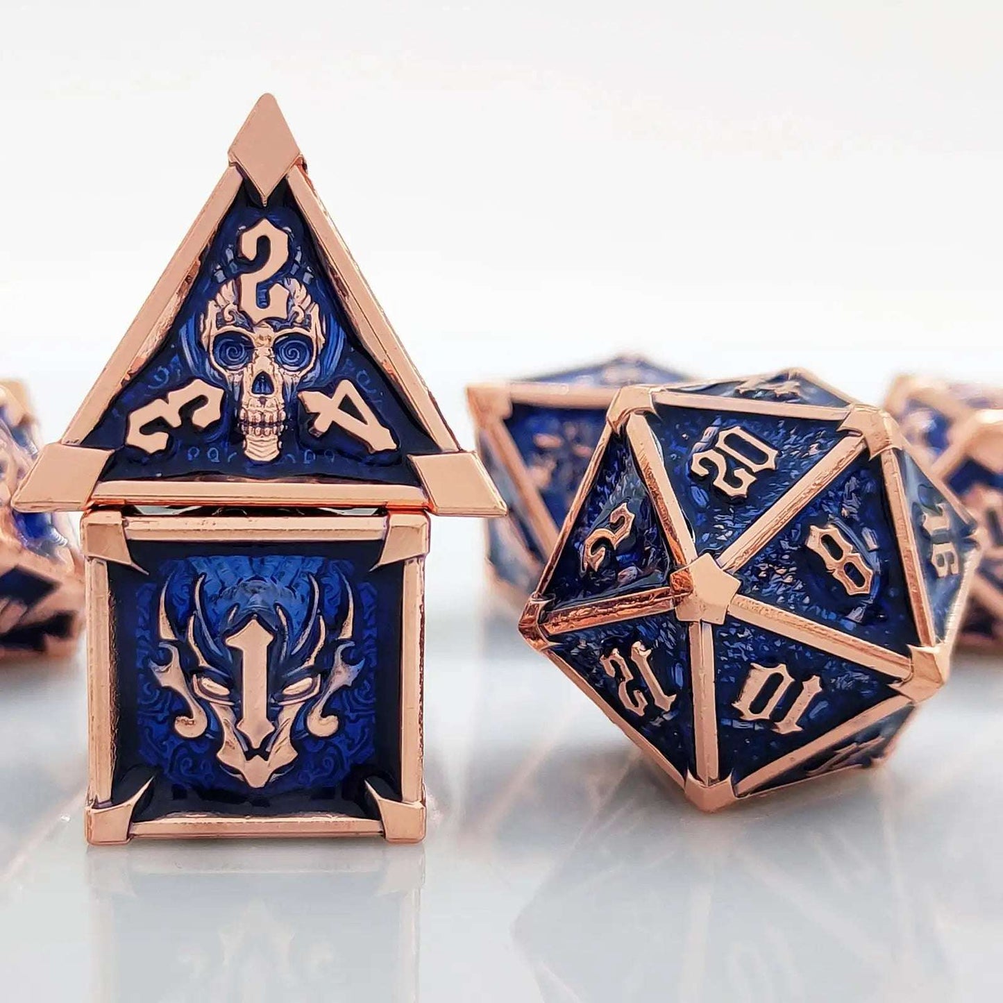 Gothic Mysticism - Star Corner Gold Edge Blue Metal DND D4 Dice, D6 Dice and D20 Dice - Dragon Head, Skull, Octopus | Bear Dice