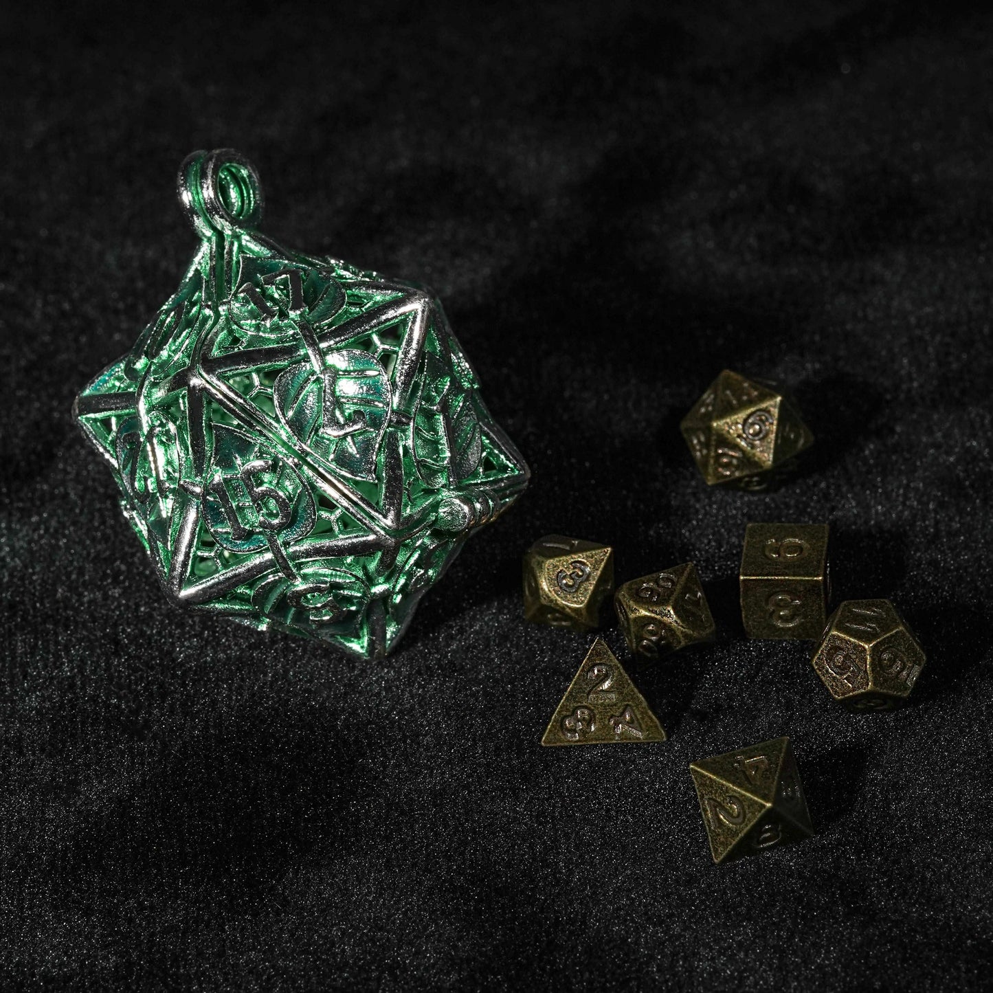 Green Openwork Metal D20 Dice Cage Necklace + Mini Dice Set | Bear Dice
