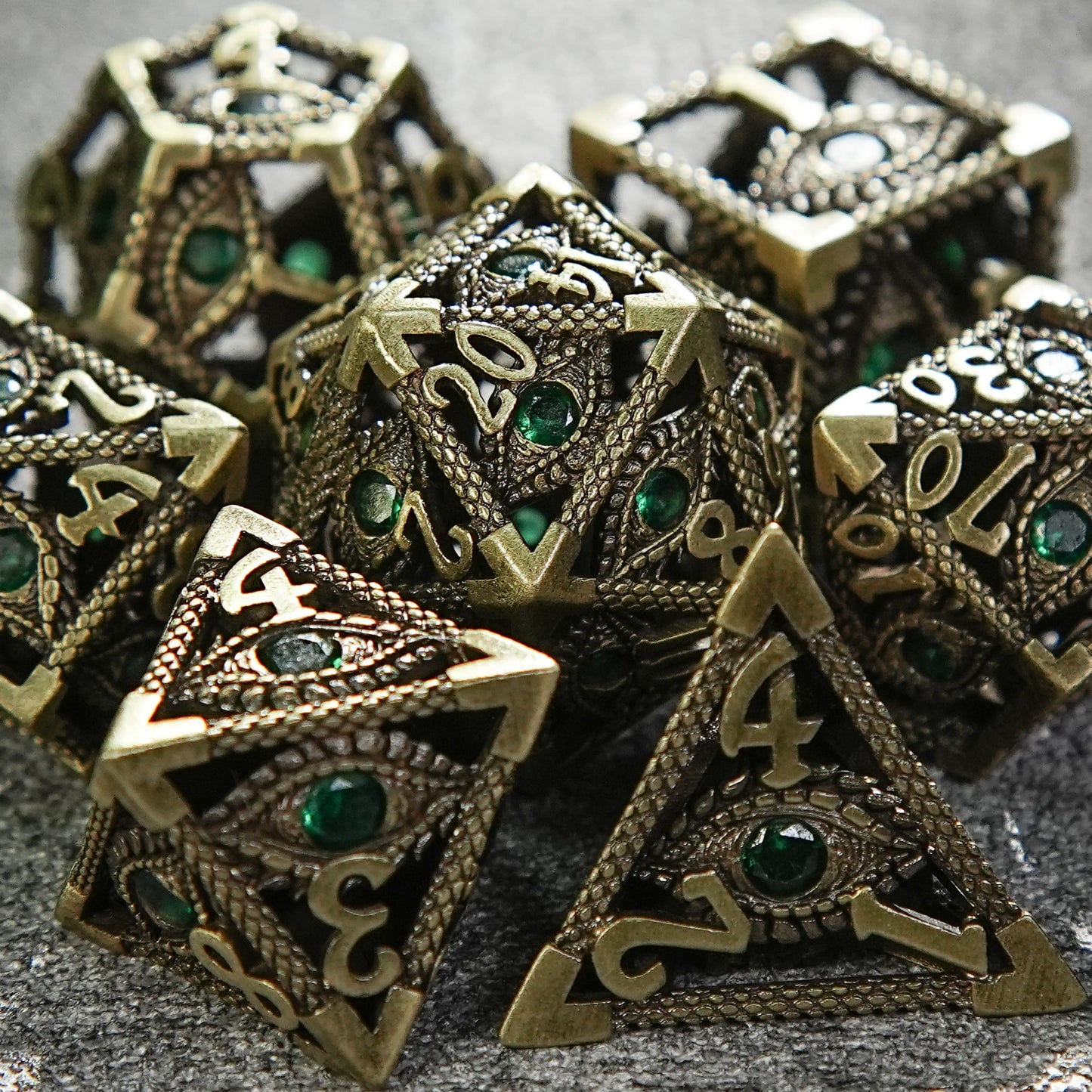 Bronze Emerald Dragon Eye Hollow Metal DND Dice Set | Bear Dice