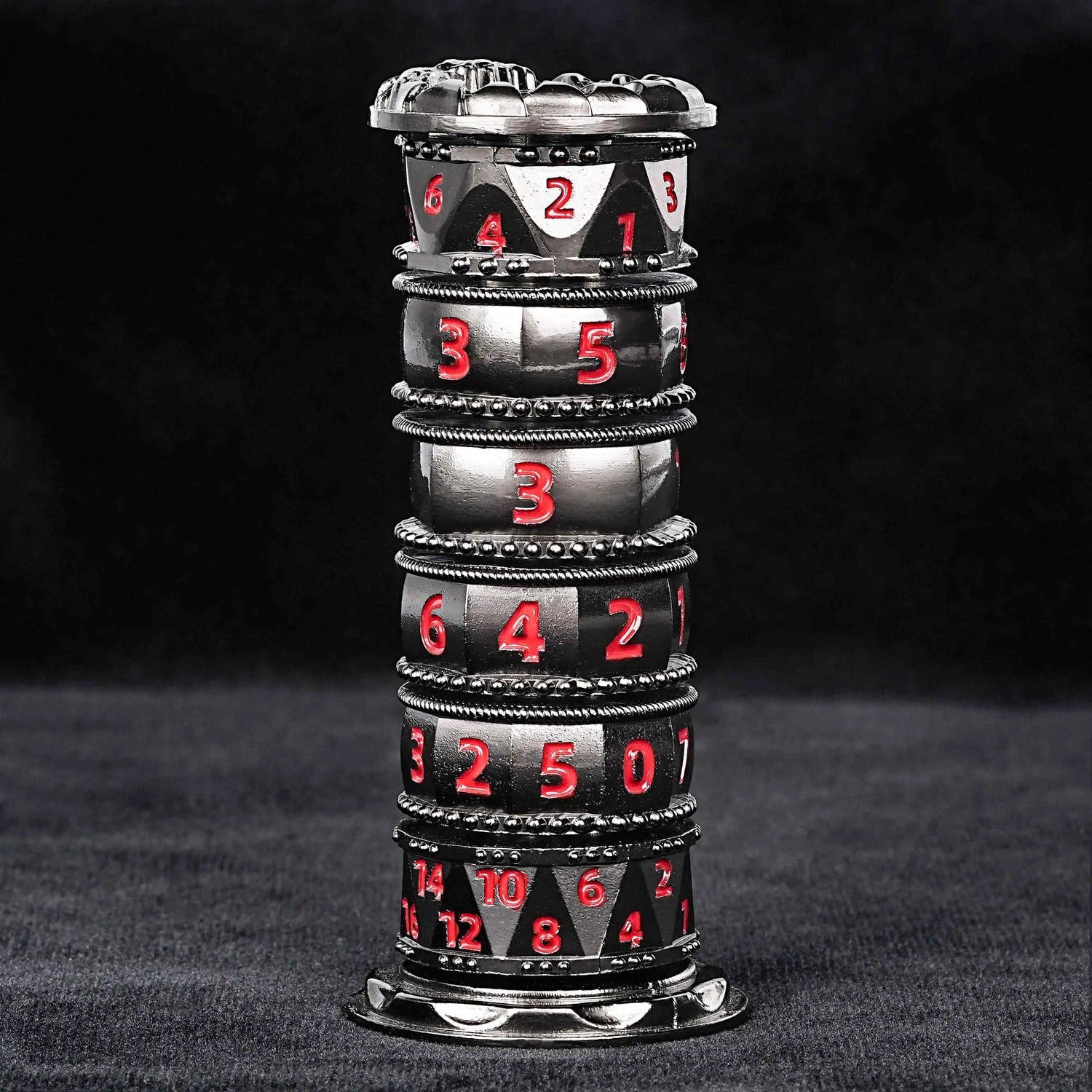 Unique dice tower: black cylinder multi-layer rotating metal dnd dice + red numbers | Bear Dice
