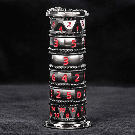 Unique dice tower: black cylinder multi-layer rotating metal dnd dice + red numbers | Bear Dice
