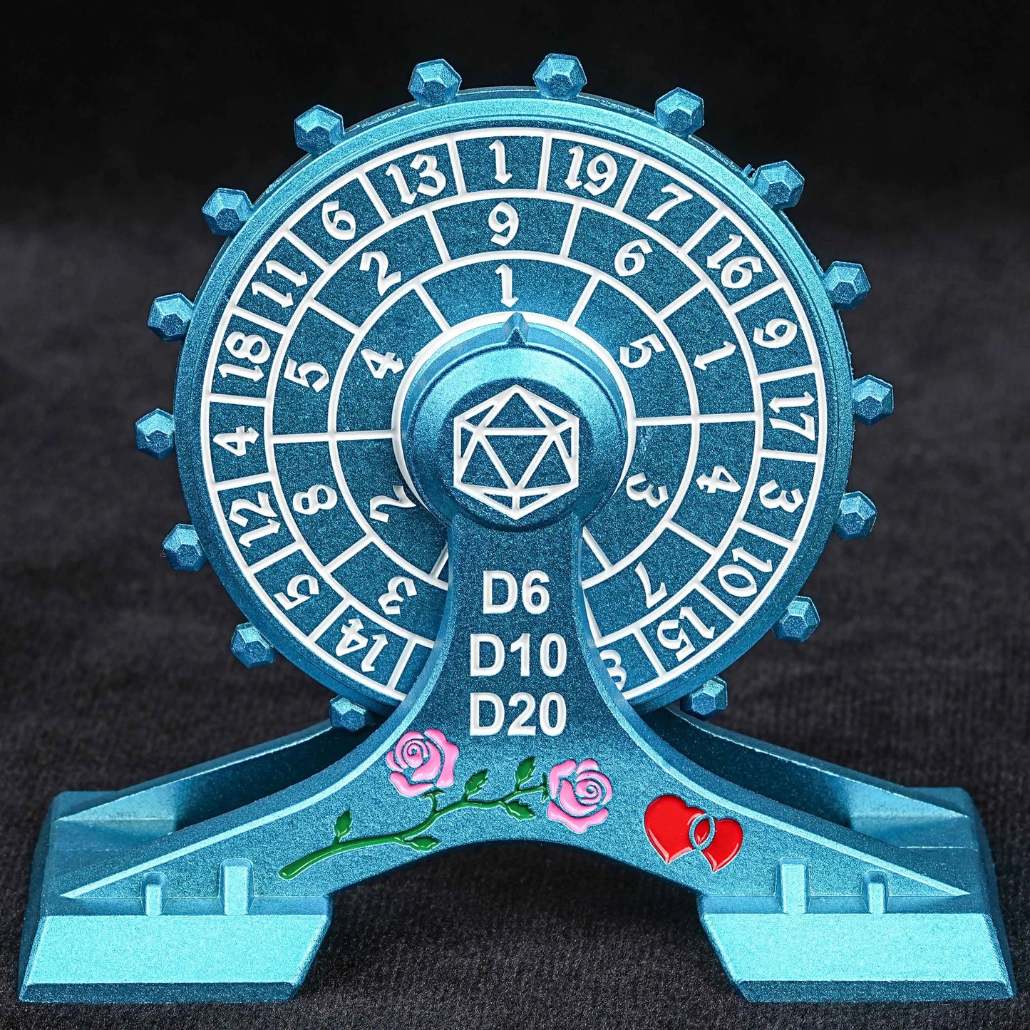 Metal DND Unique Dice: Blue Rose Ferris Wheel Spin Dice - D6, D10, D20 | Bear Dice