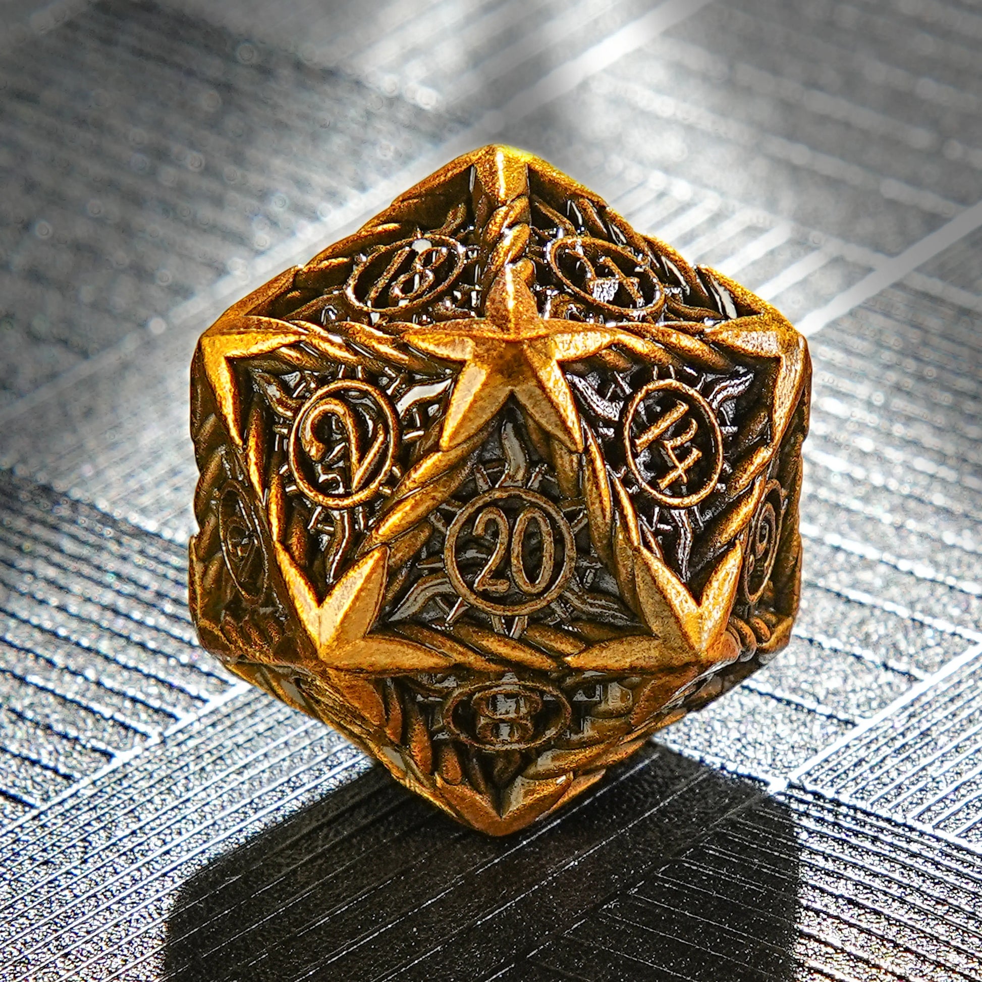 Vintage Sun Pattern Antique Gold Solid Metal RPG D20 Dice | Bear Dice