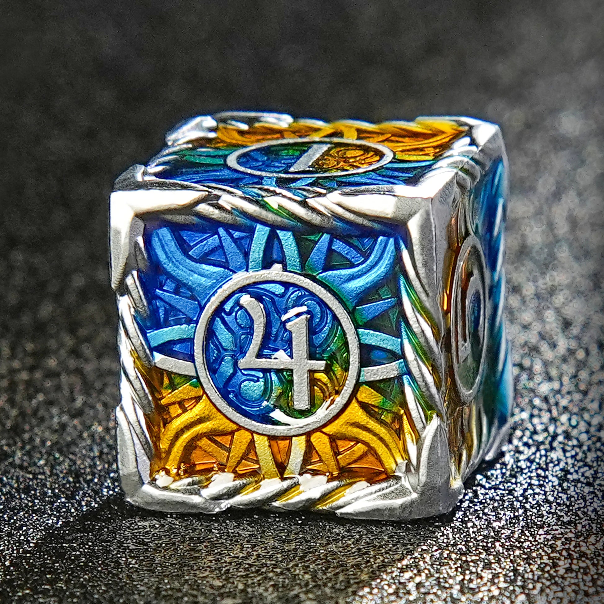 Sun Pattern Silver Solid Metal DND  D6 Dice + Yellow and Blue Colorway | Bear Dice